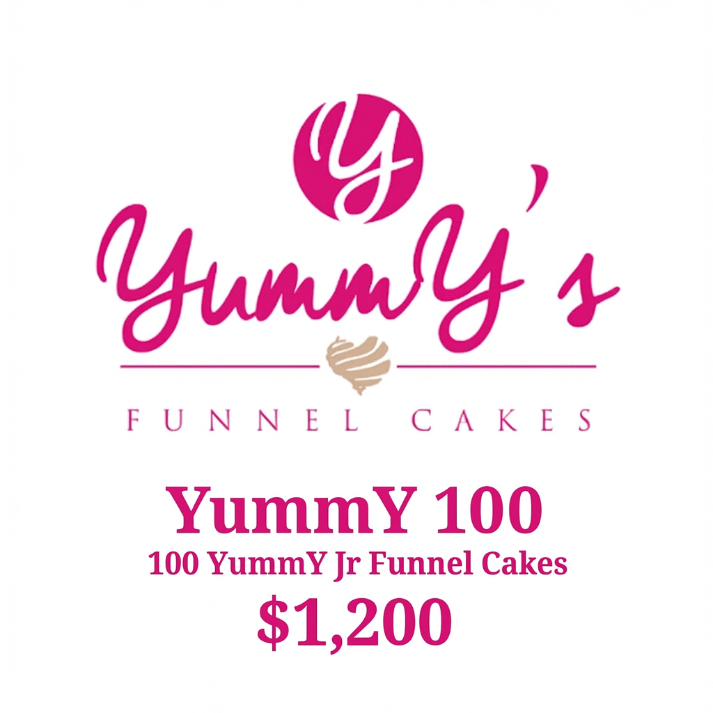 A digital flyer advertising Yummy Jr Funnel Cakes for sale, priced at $1,200 for 100 cakes, with a pink and beige color scheme and a cake logo.