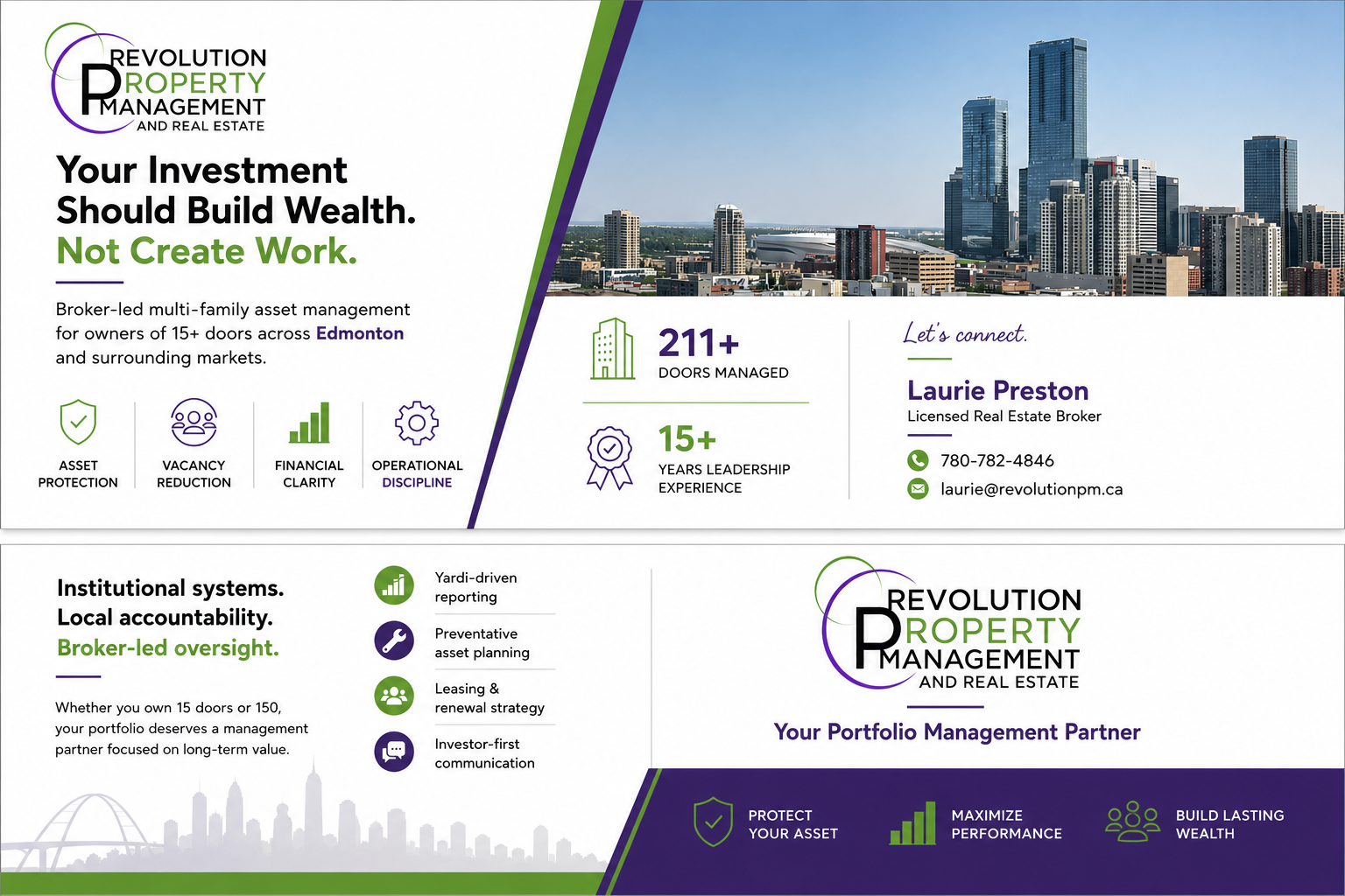 Brochure for Revolution Property Management and Real Estate featuring city skyline, company logo, slogan, contact info, and key services with icons.