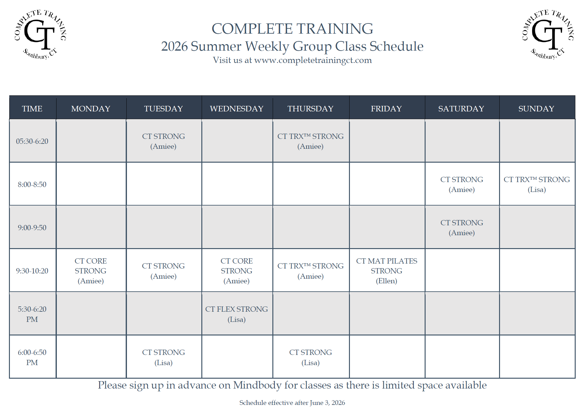 A schedule for Complete Training's 2026 Summer Weekly Group Classes, listing times and classes from Monday to Sunday with instructor names, including dates from June 3, 2026.