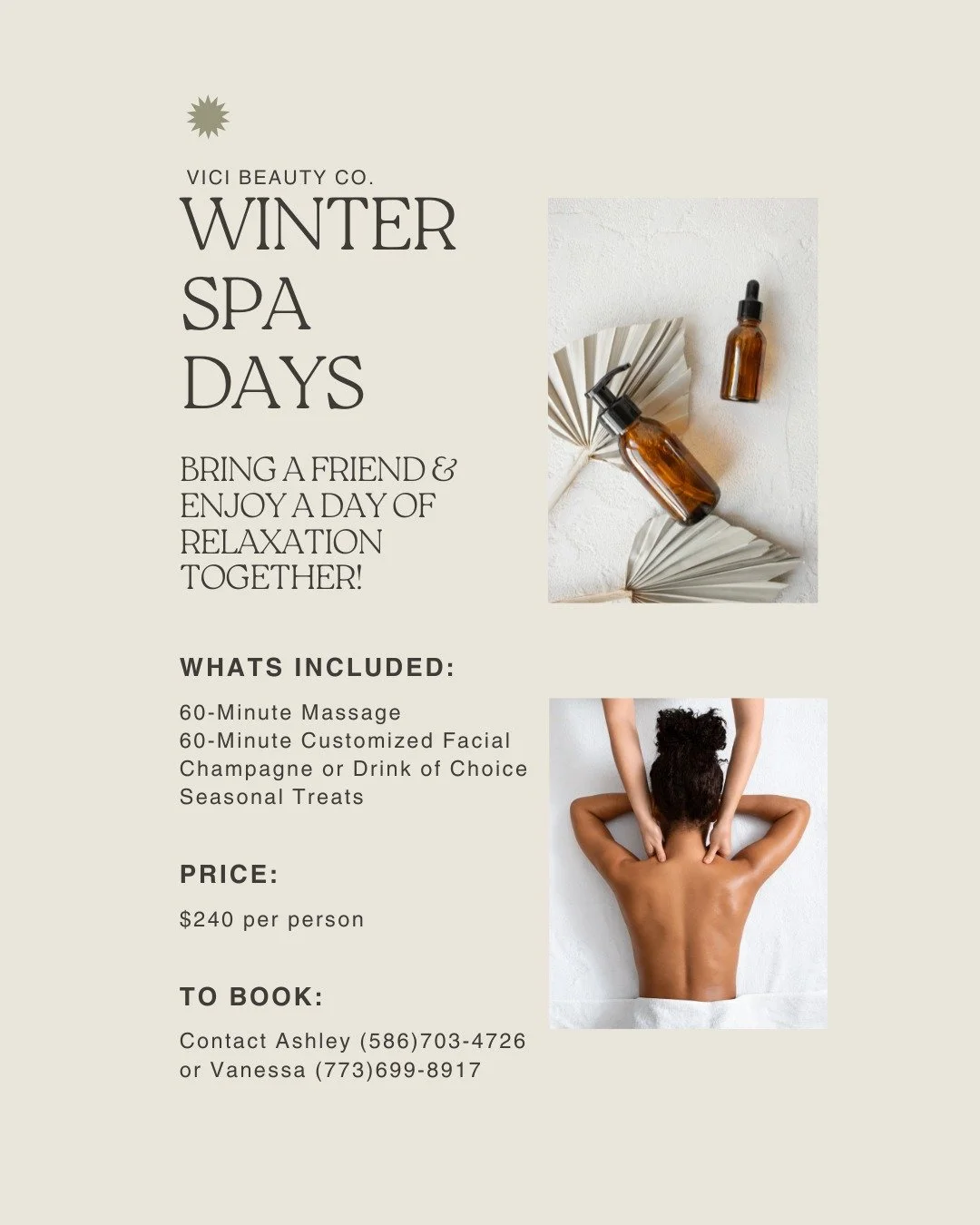 ✨ Winter Spa Days are here! ✨
Bring a friend and spend a cozy day of relaxation at Vici Beauty Co. 💆‍♀️❄️
Enjoy a 60-minute massage, a customized facial, champagne (or your drink of choice), and seasonal treats — the ultimate self-care d