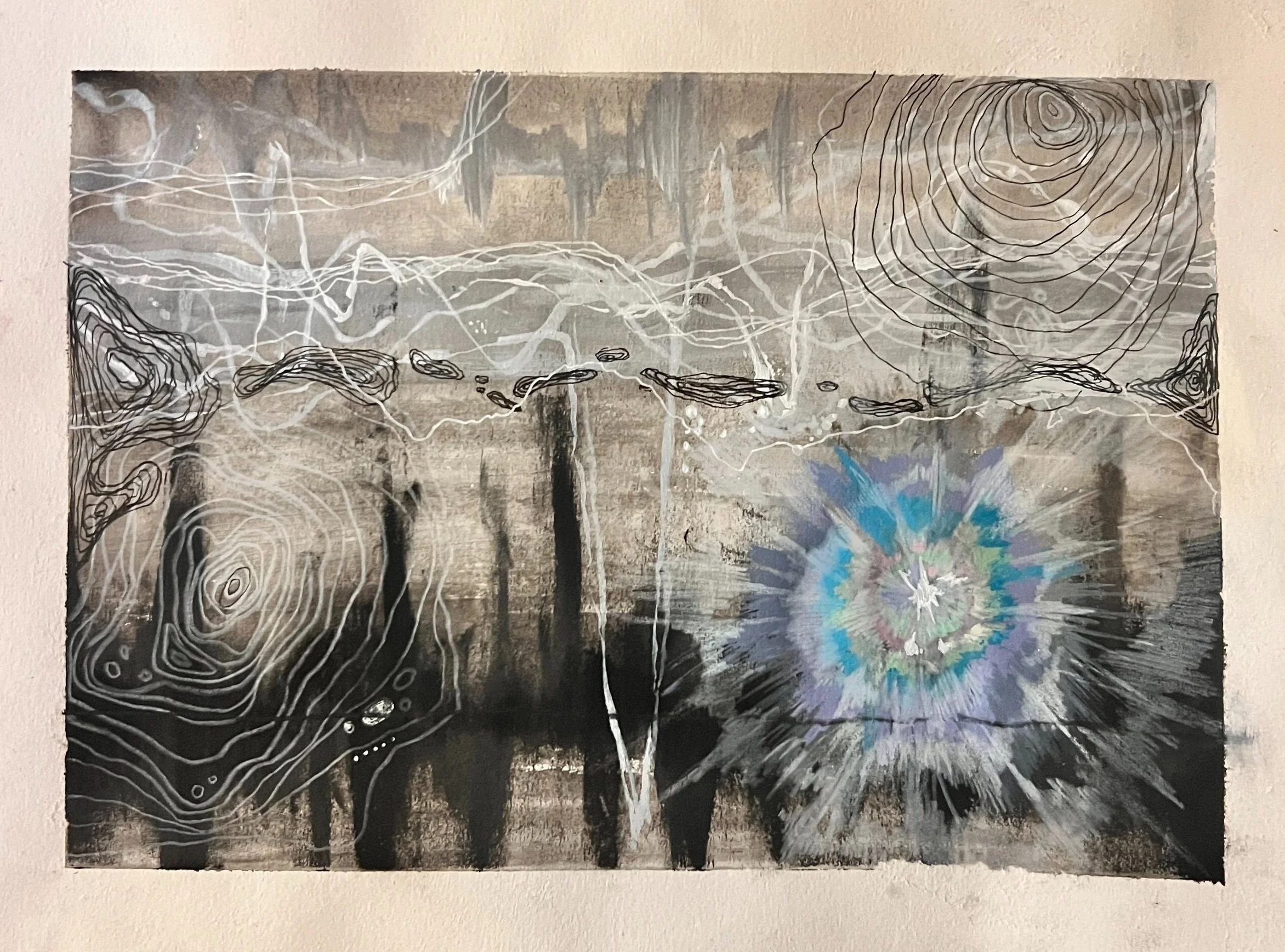 sound in physical - charcoal, wash, pen on paper