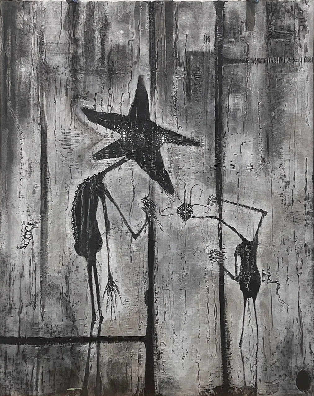 A monochromatic painting depicts two skeletal humanoid figures with star-shaped heads, holding a small insect-like creature on a string. The background consists of distressed, vertical wood planks.