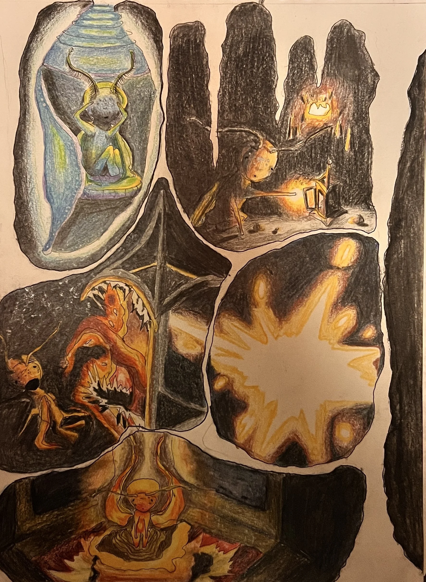 A colorful drawing resembling a comic or fantasy scene depicting various insects and abstract fiery scenes, with multiple panels showing insects near flames and a figure with insect-like features.
