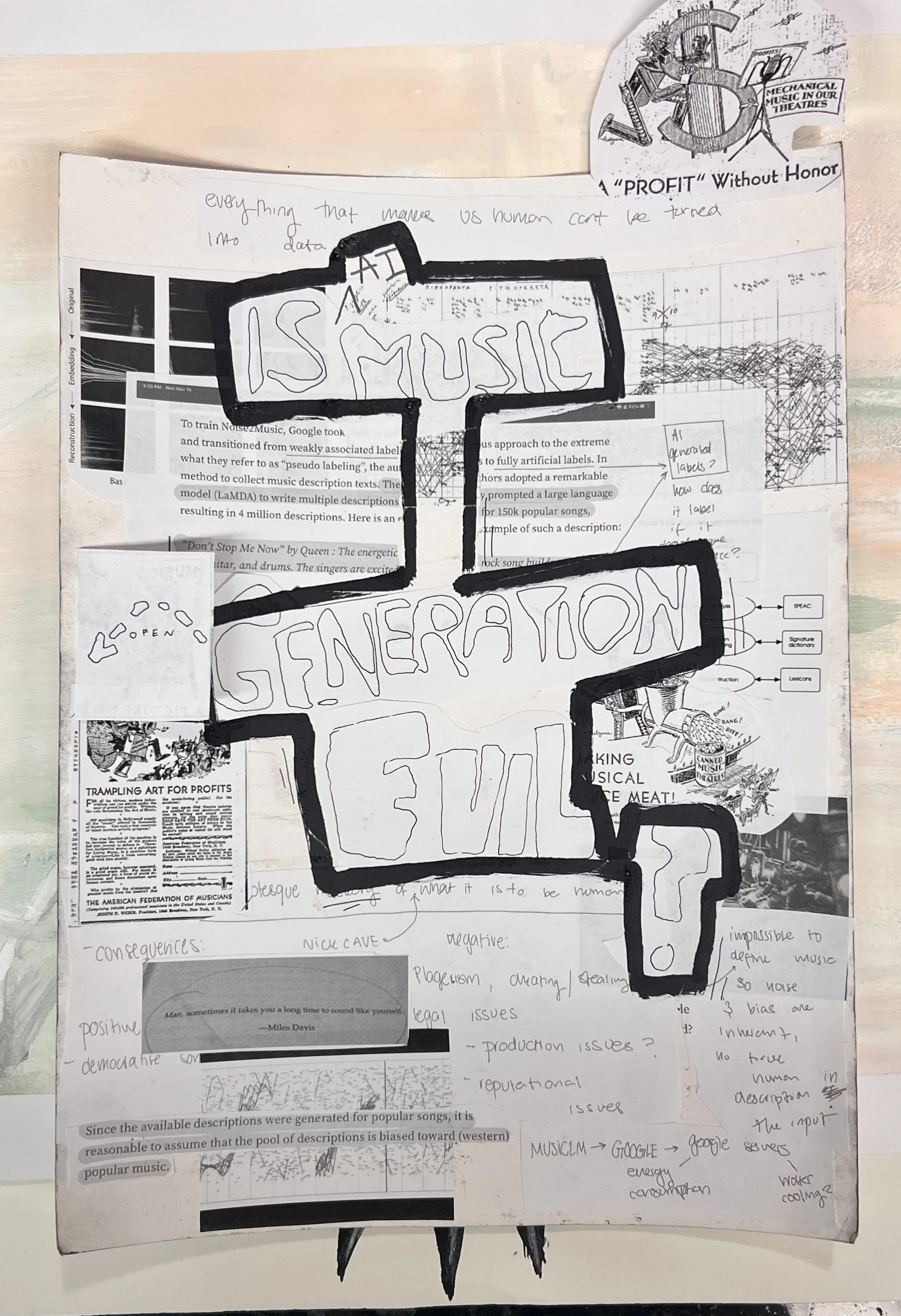 is music generation evil? prototype; collage and ink on paper
