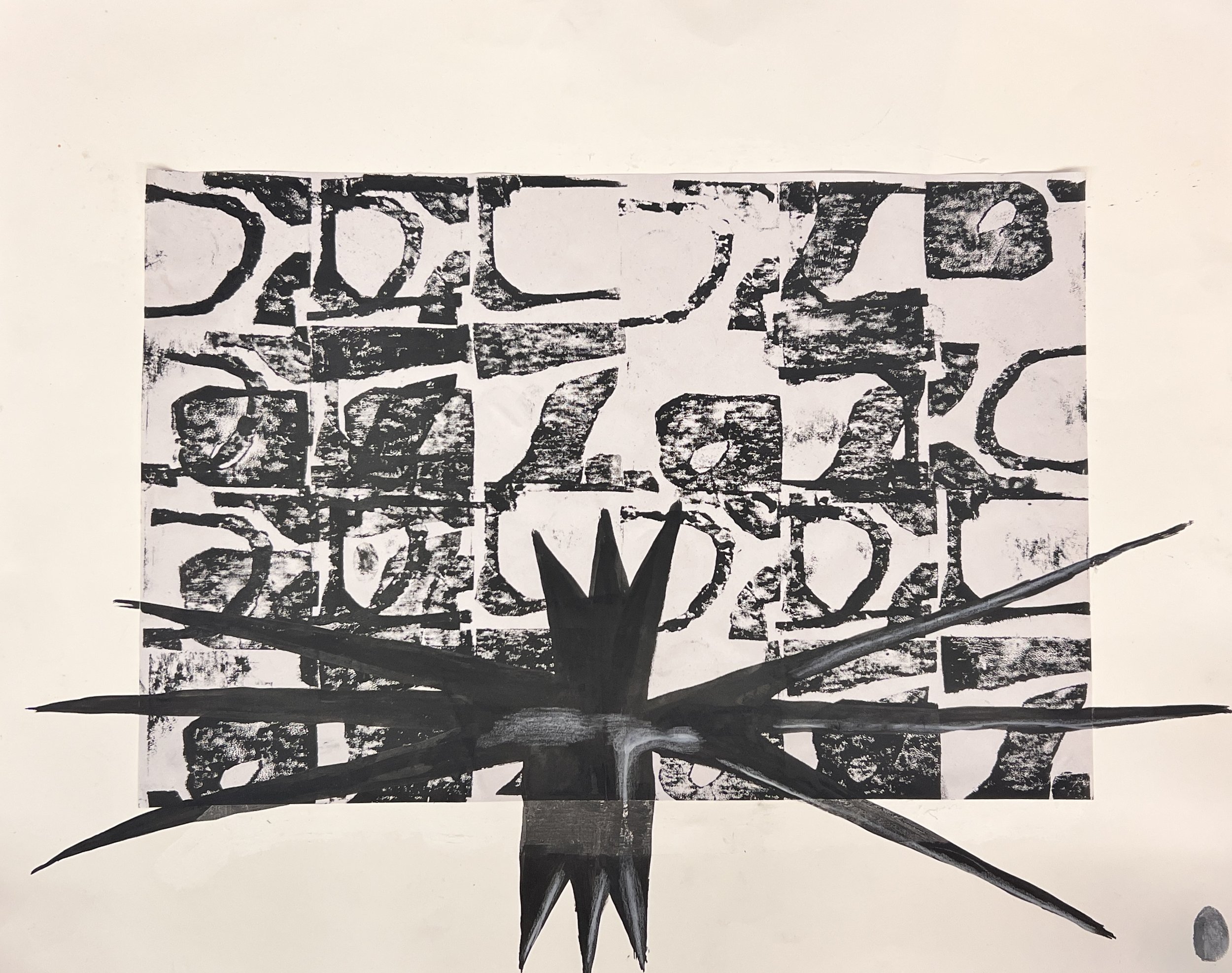 Black and white abstract artwork with a square and irregular shapes in a grid pattern in the background, overlaid with a large, spiky, star-like shape in the foreground.