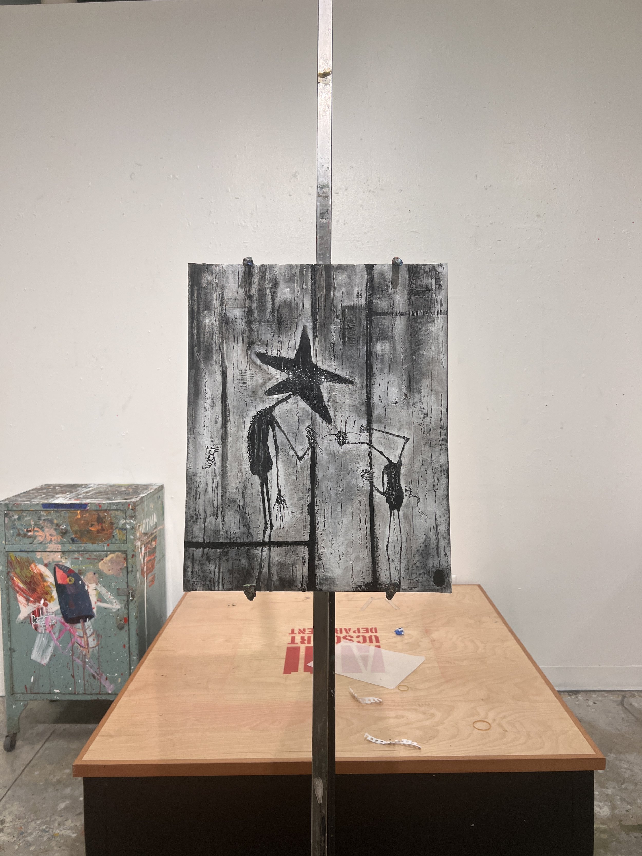 the bottom; charcoal, watercolour, acrylic, ink on canvas