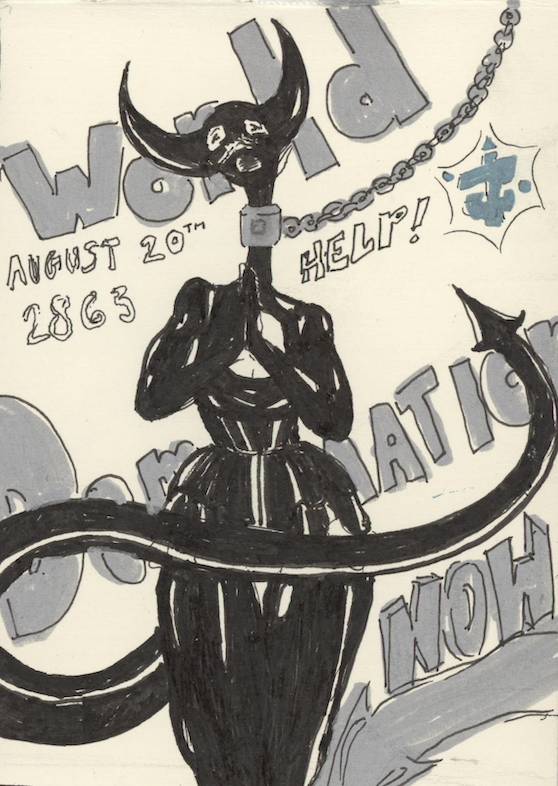 Black humanoid figure with horns and a tail, wearing a dress, with hands clasped in front, surrounded by text and abstract shapes in a sketchy style.