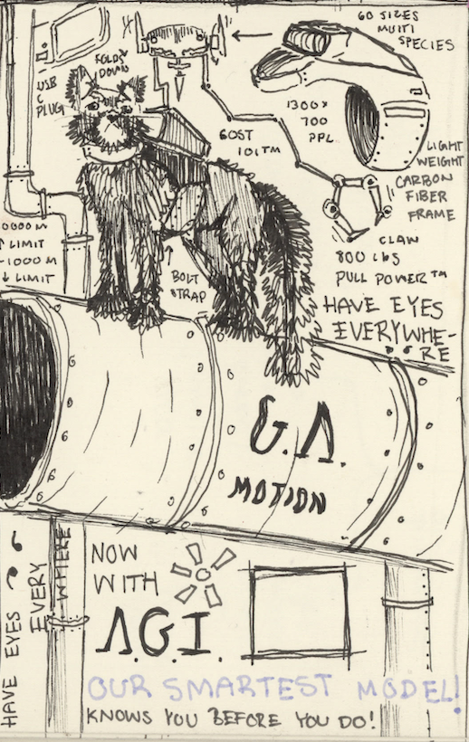 A detailed sketch of a cat attached to a mechanical device with labels pointing to components like a carbon fiber frame, mount species, and a lightweight design. The device has a large lens, a claw, and a pull power 700. The background contains text 