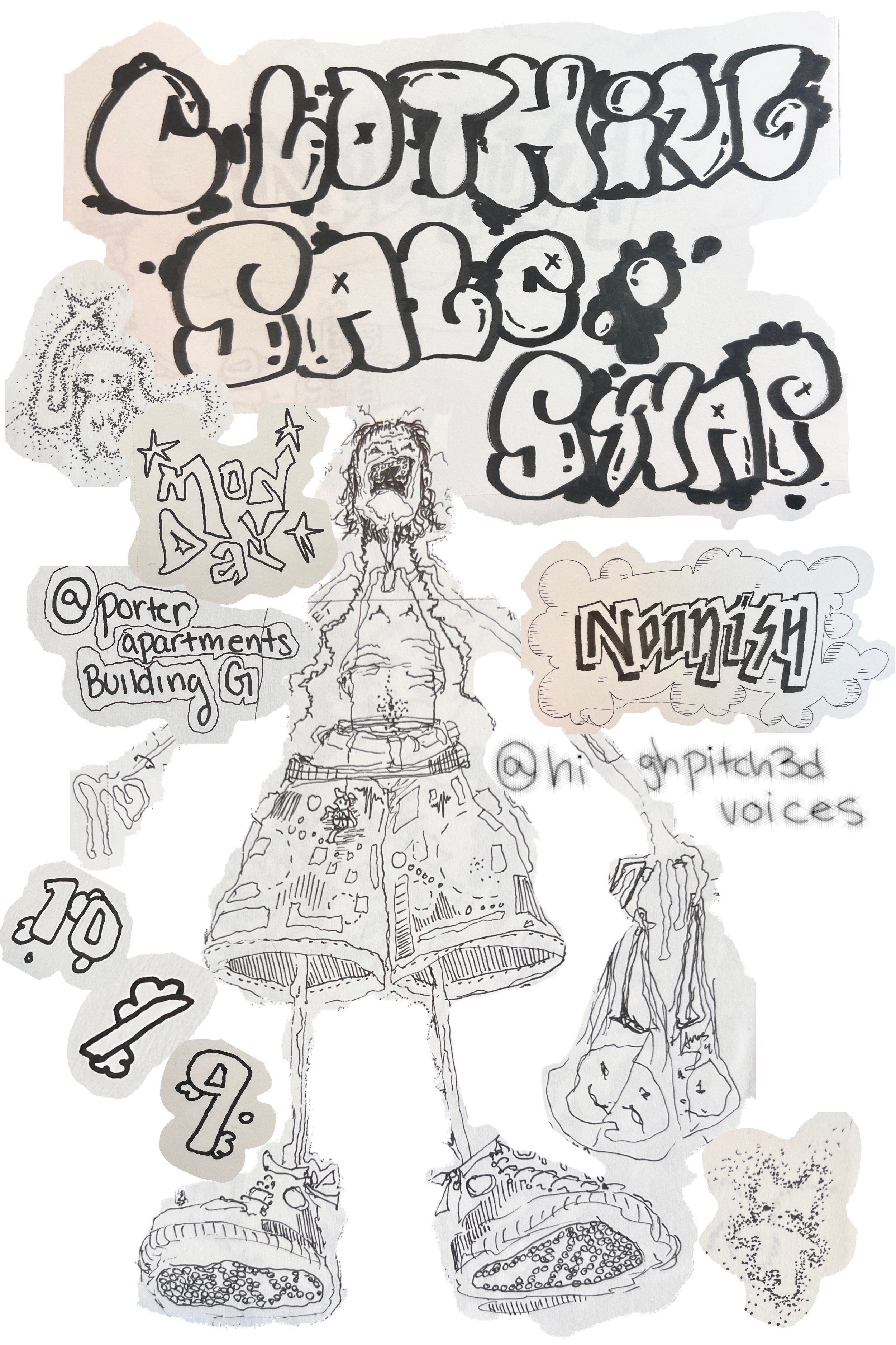 clothing sale poster; ink and paper with digital tools 