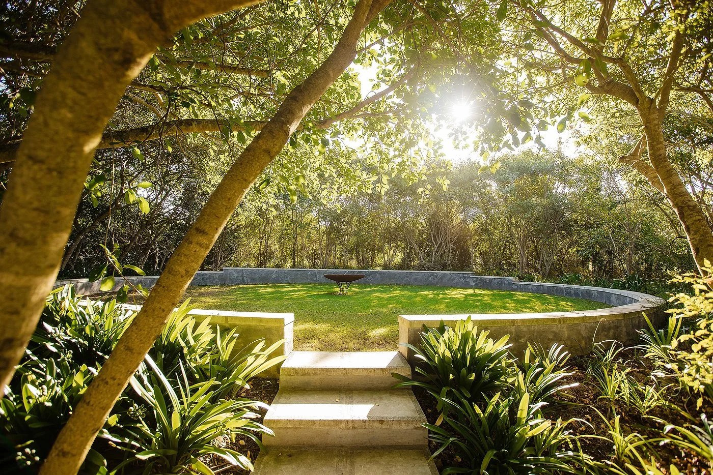 A circular garden with a grass lawn, border plants, and a small fire bowl in the center, viewed through trees with sunlight shining through the leaves.