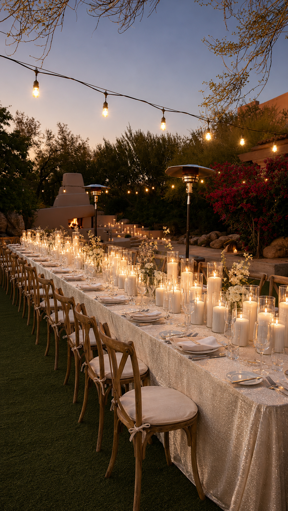 Outdoor evening banquet table decorated with tall glass candle holders and large pampas grass centerpieces, string lights overhead, and black napkins on the table.