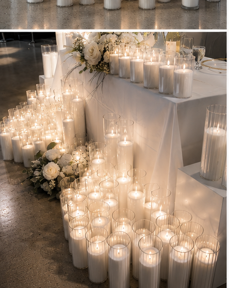 Wedding ceremony setup in a desert landscape with large saguaro cacti and mountains in the background. The aisle is decorated with tall floral arrangements featuring pampas grass, palm leaves, and roses. A frame sign at the entrance reads 'We're unplugged' with instructions for guests to turn off cameras during the ceremony.