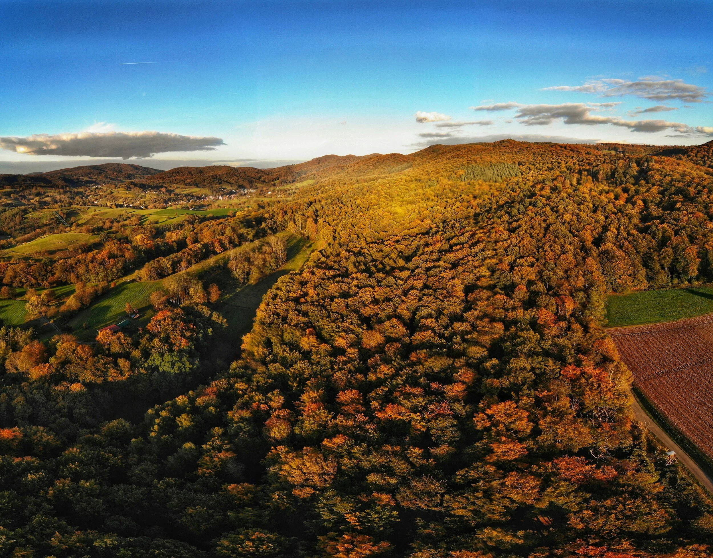 A landscape view of rolling hills covered in autumn-colored trees under a partly cloudy sky with a small village in the distance.