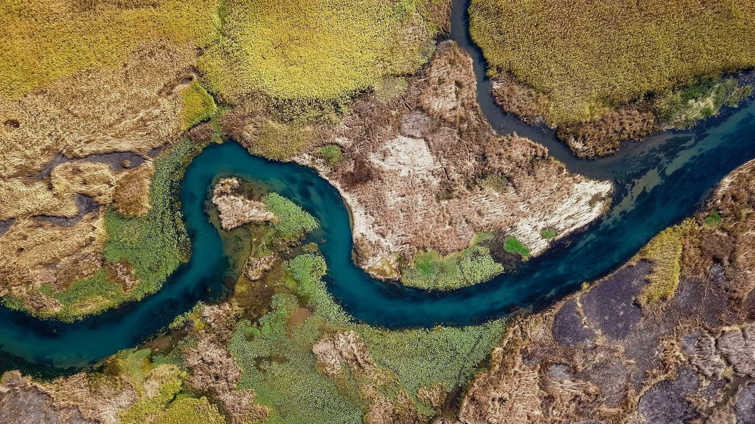 Aerial view of a winding river flowing through a landscape of rocky terrain and lush green vegetation.