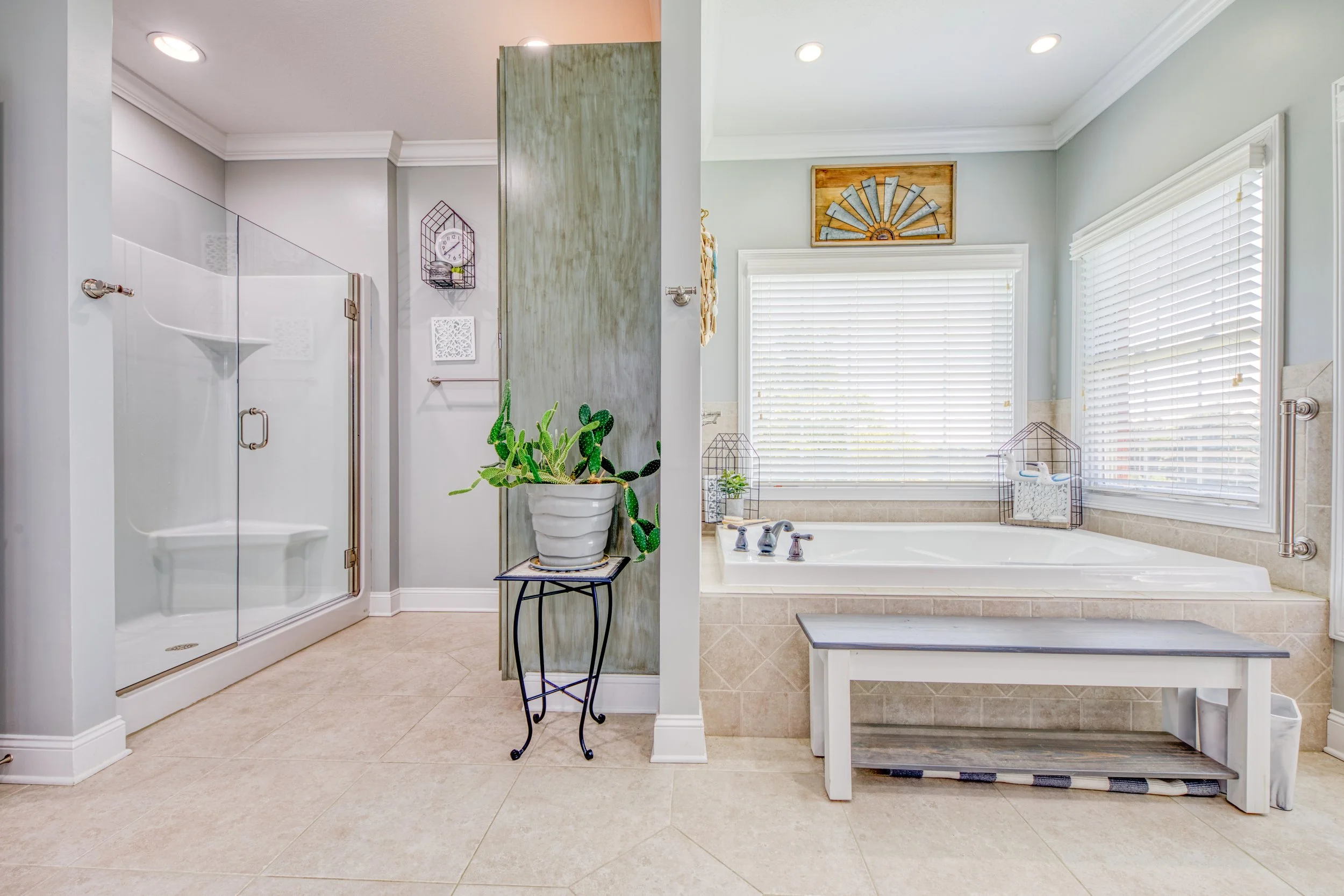A bathroom showing a glass shower, a white bathtub near a window with white blinds, a potted cactus on a small table, and decorative wall art above the bathtub.
