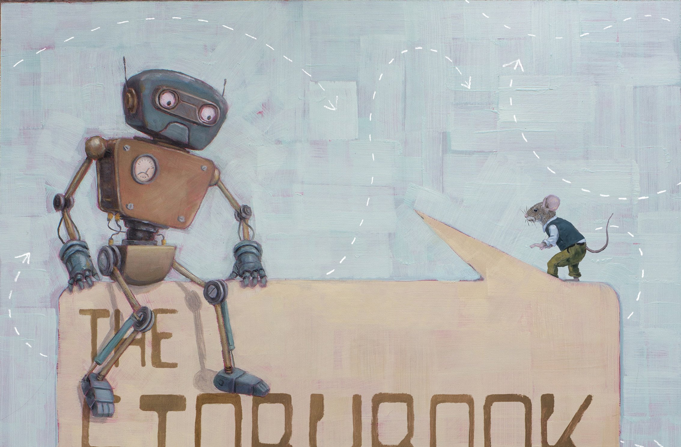 A robot sitting on a wall, observing a large mouse standing on a ramp that emerges from the wall. The wall has the words "THE STORAGE" written on it, and the background includes illustrated dashed lines and arrows.