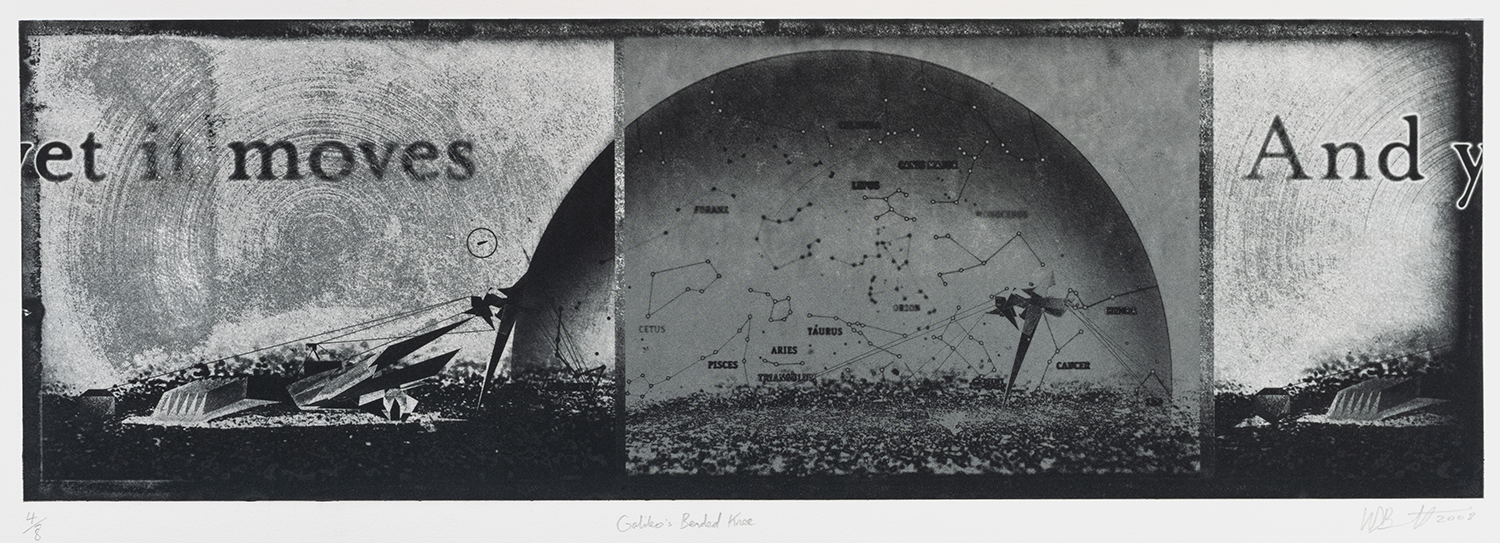 Artwork around the concept of Galileo's famous phrase And Yet it Moves Printmaking Etching