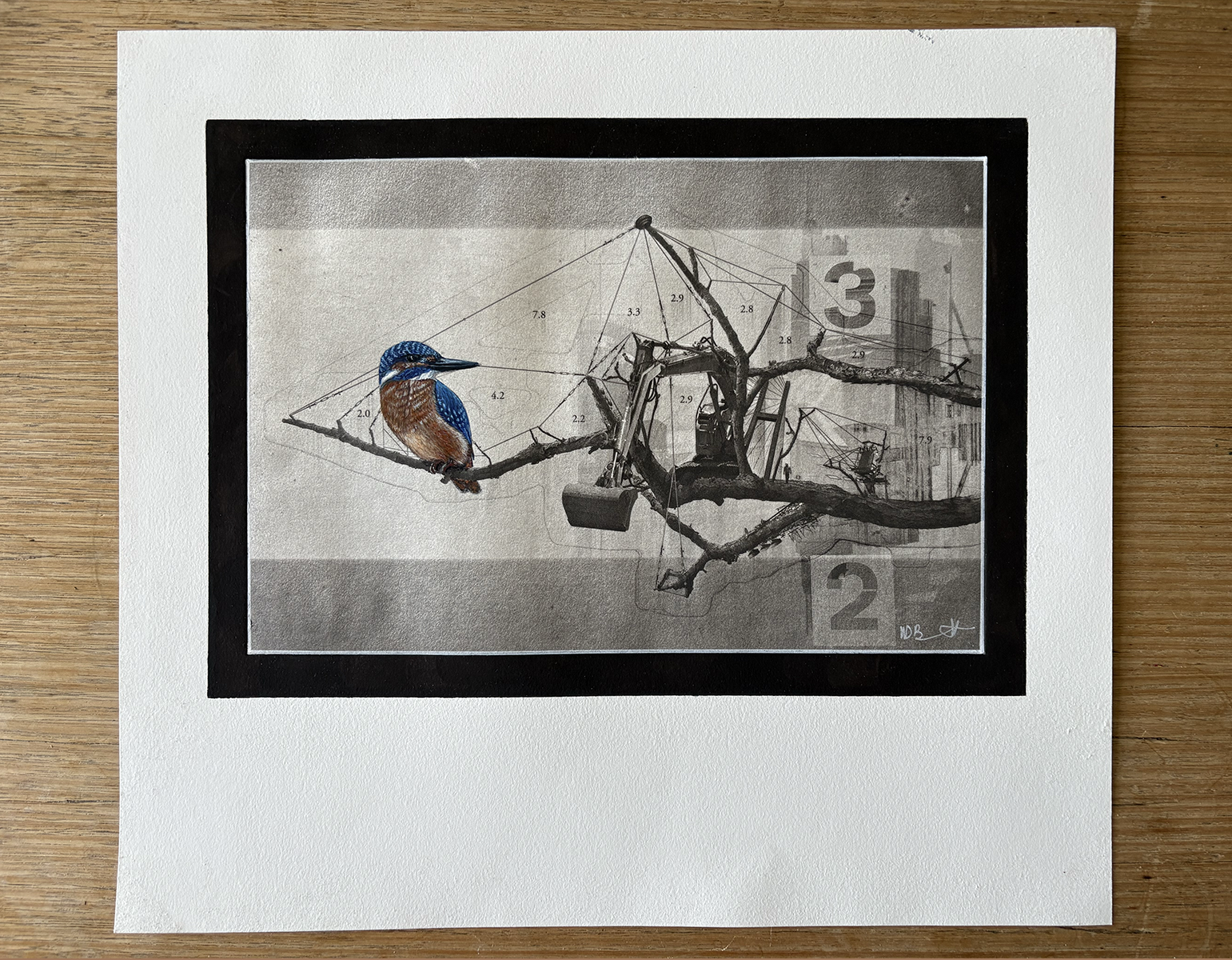 Mixed media, etching and painting featuring abstraction Kingfisher nature mechanisation