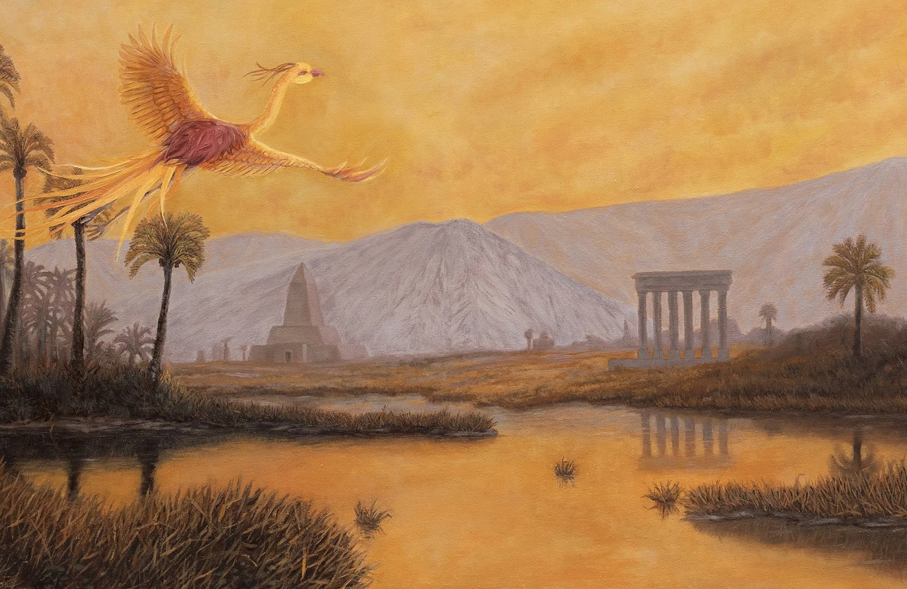 Painting of a desert landscape with palm trees, ancient ruins, a mountain, and a fiery-orange sky with a large, colorful phoenix flying overhead.