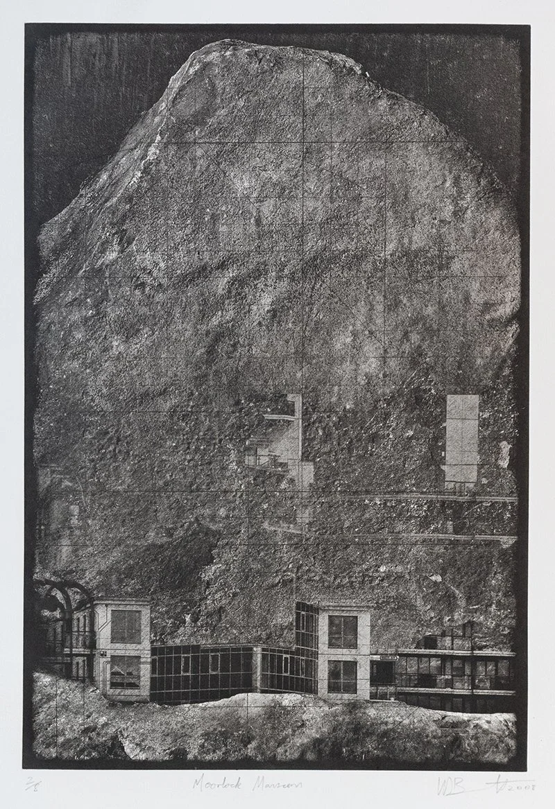 Etching entitled Moorlock Mansions Printmaking Etching Edition Printmaker Art Morlocks and Eloi