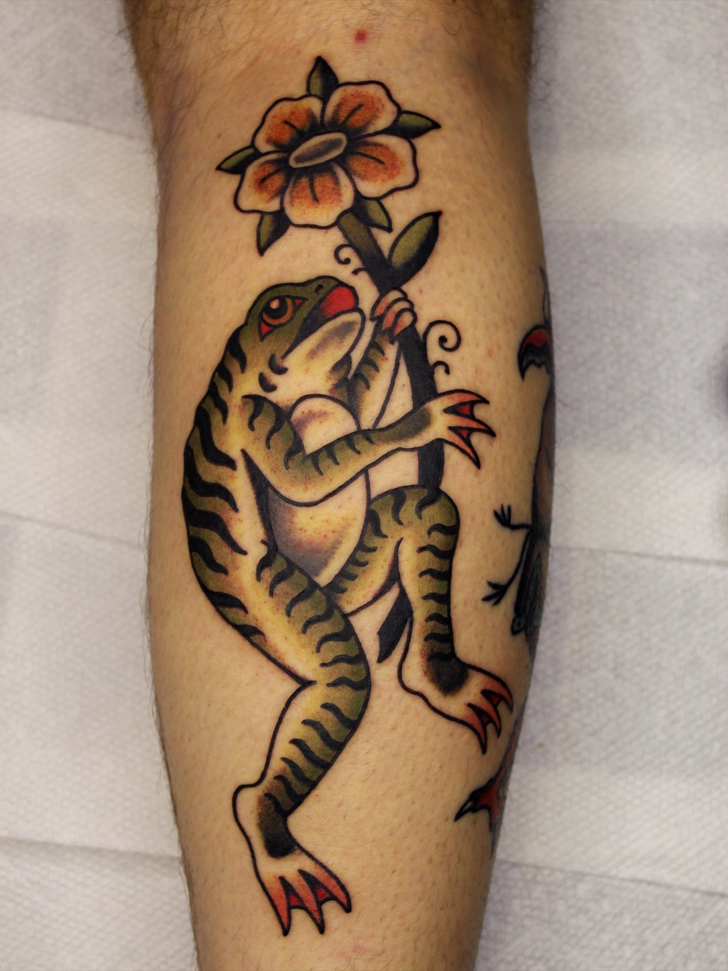 A special one for Collin 🐸🌼
Made at @stayhumbletattooco 

Had an awesome trip with my Baltimore friends, but so happy to be back home @warhorsetattoo ! Booking Berkeley through December &mdash; use my website or email to book.

#TraditionalTattoo #