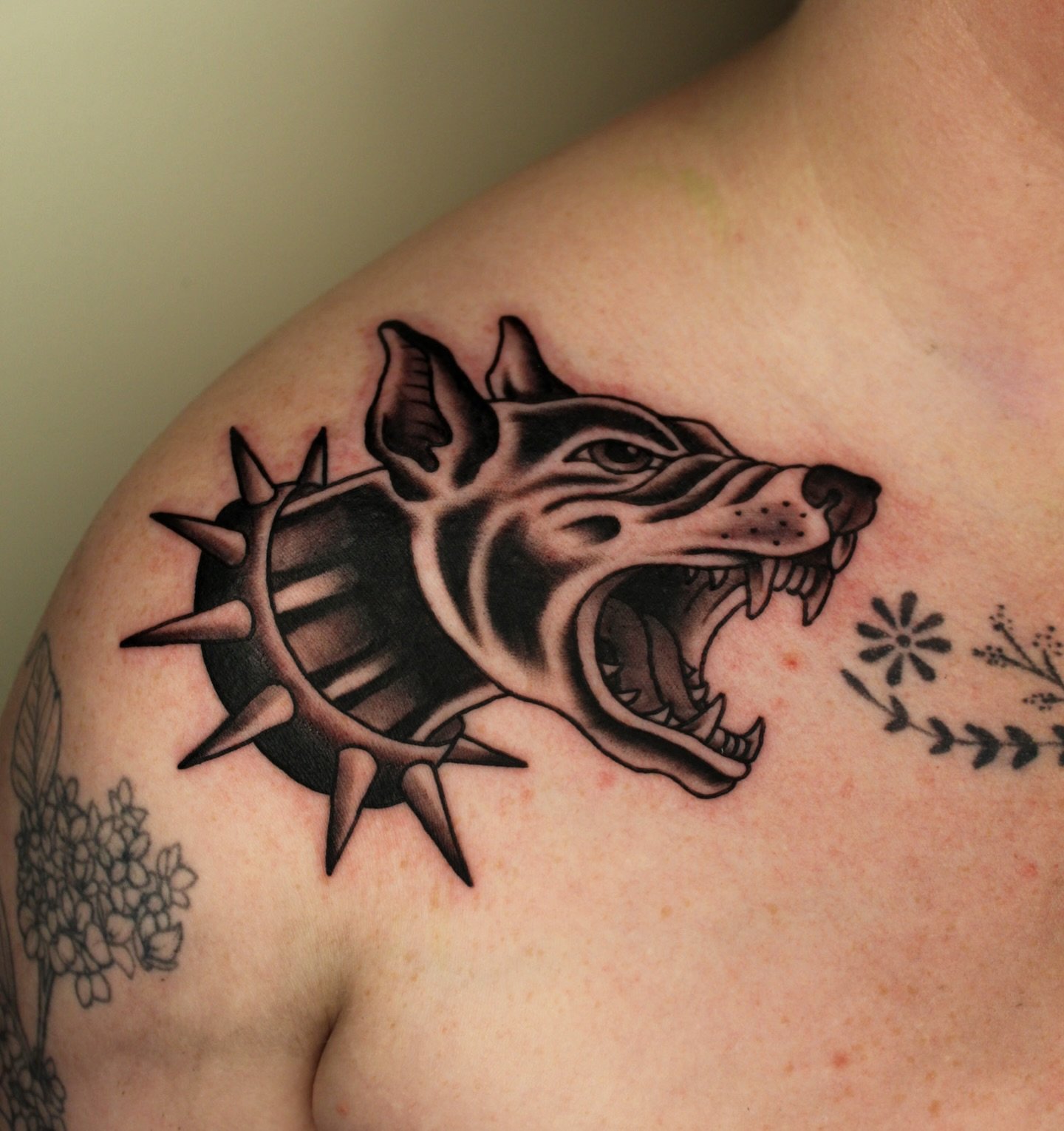 Doberman for Shannon &mdash; can&rsquo;t wait to add the other side soon 🦴🐾

Booking December @warhorsetattoo 
#traditionaltattoo #berkeleytattoo #tattoo