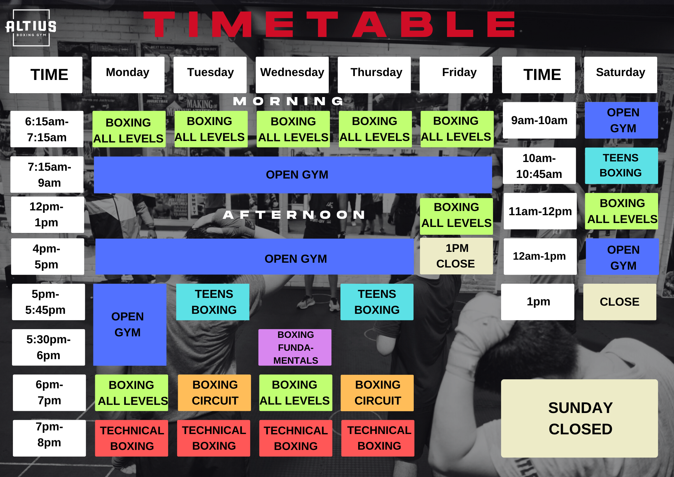 Timetable — ALTIUS BOXING GYM