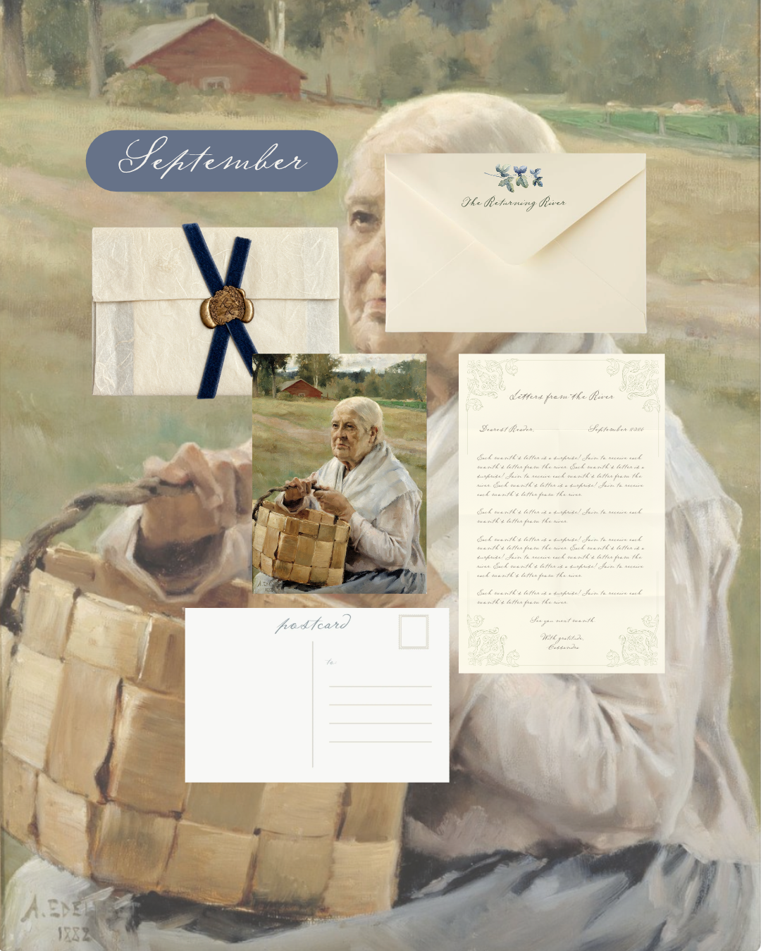 September Letters from the River collection: a cream letter with navy ribbon and gold wax seal, envelope, decorative letter, and art postcard, over a painting of a woman weaving a basket.