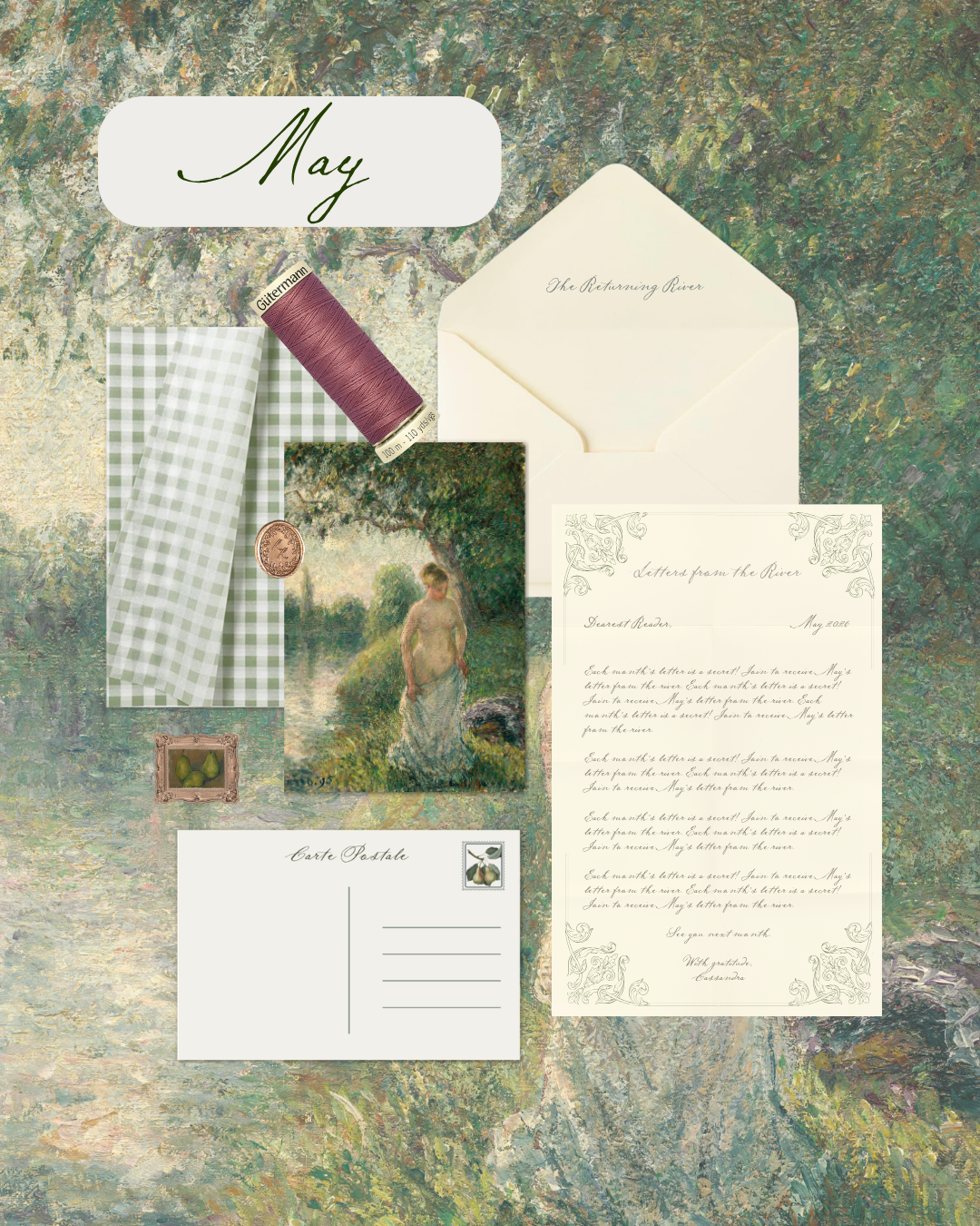 Image showing impressionistic postcard half nude woman, a cream envelope and letter, mauve string, green gingham tissue paper, and a miniature frame of painted pears. (Copy)