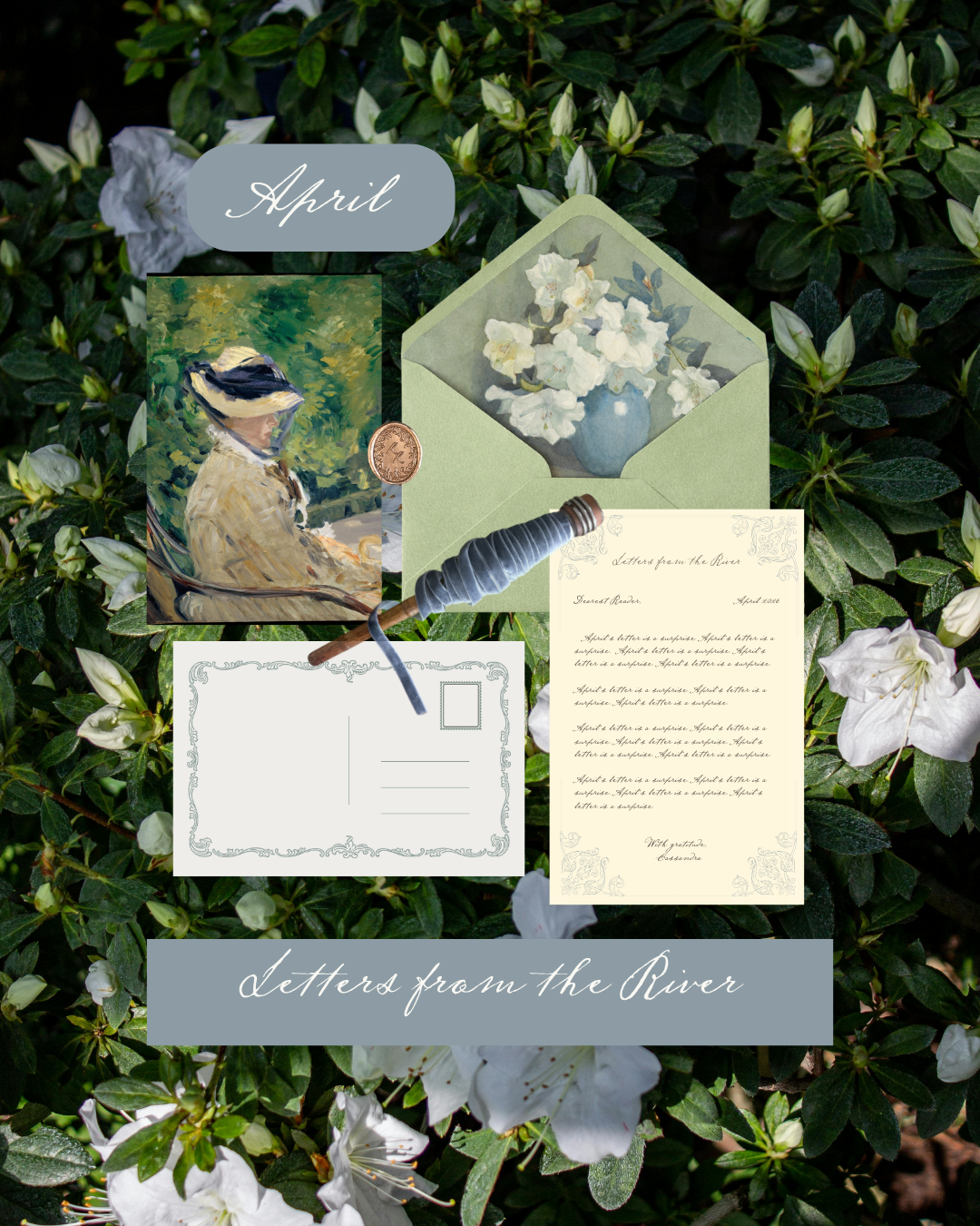 Image of painting of woman in a park with postcard backing, light green colored envelope with floral insert, cream letter, dusty blue velvet ribbon, and gold wax seal. (Copy)