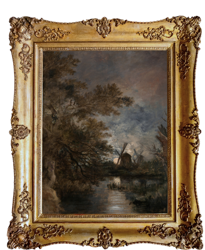 Ornate gold frame surrounding a moody landscape painting of a river with trees and a windmill in the distance at dusk.
