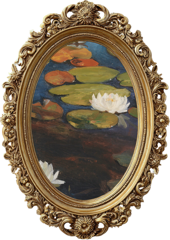 Oval antique gold frame holding a painting of green lily pads floating on water with a white water lily in bloom.