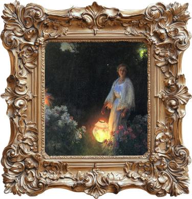 Decorative gold frame featuring a painting of a woman standing in a dark garden holding a glowing lantern surrounded by flowers.