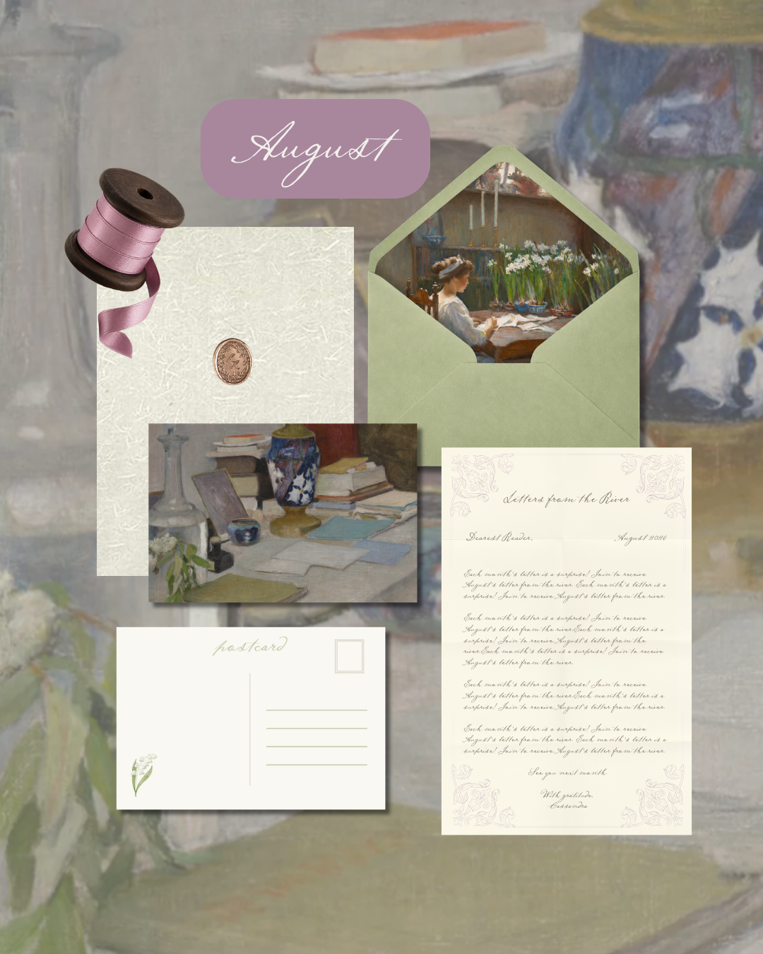 Image of contents of letter mailing, including green envelope, written letter, and postcard of oil painting of contents of a desk top. (Copy)