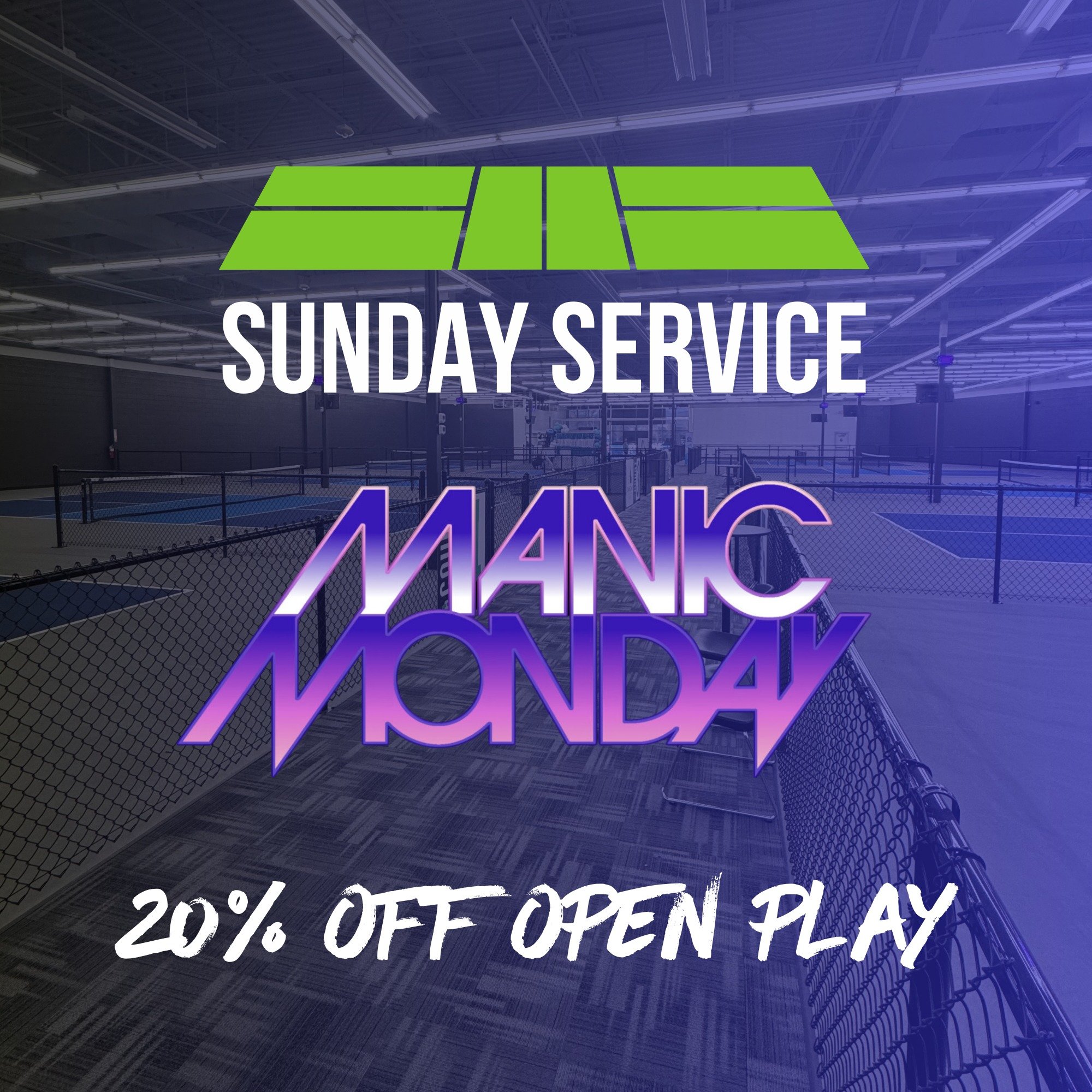 Don't forget! Our Sunday and Monday Open Play Sessions are 20% off! 
.
Sunday Service
7 a.m. to 10 a.m.
5 p.m. to 8 p.m.
.
Manic Mondays
6 a.m. to 9 a.m.
9 a.m. to noon
1 p.m. to 4 p.m.
7 p.m. to 10 p.m.
.
#weatherproof #cerfewproof #playmorepickleba
