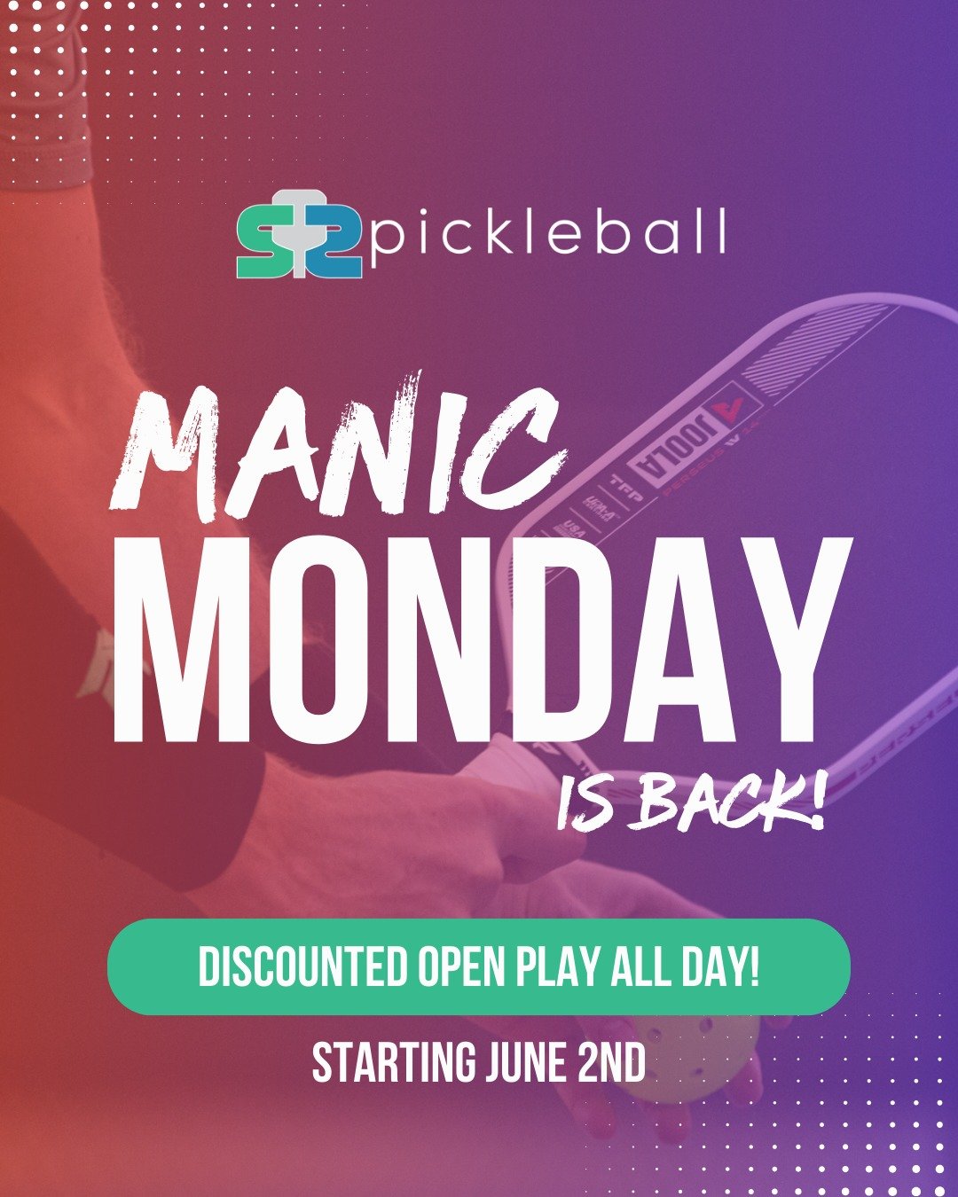 Starting JUNE 2nd&ndash;Manic Monday is Back for the summer at S2 Pickleball!

Boise Parks are closed on Mondays for pickleball&mdash;but we&rsquo;re open.

Join us for Manic Monday, where all open play sessions are discounted all day long. No wind, 