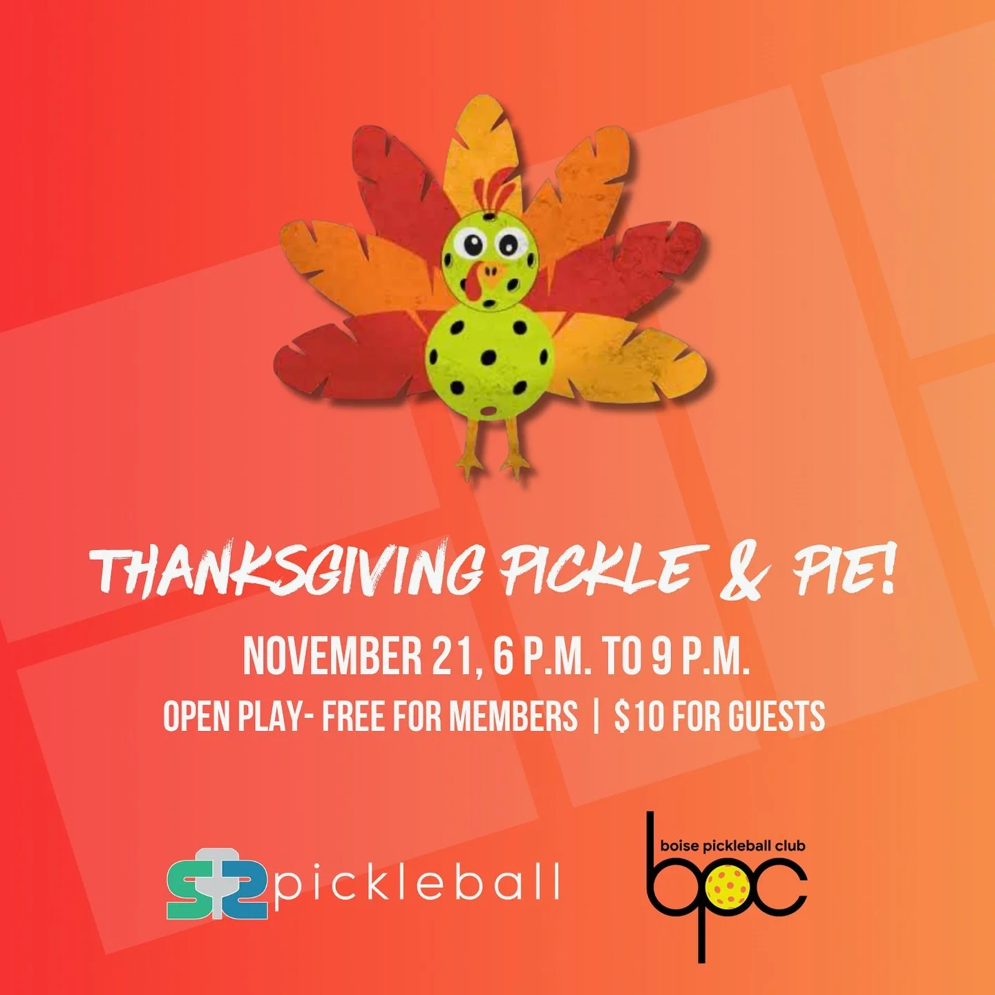 Thanksgiving Pickle &amp; Pie Open Play! || sponsored by our amazing friends- the Boise Pickleball Club! 

We&rsquo;re so grateful for our S2 players and the vibrant community you&rsquo;ve helped build here at S2! 

Join us on&nbsp;November 21st from