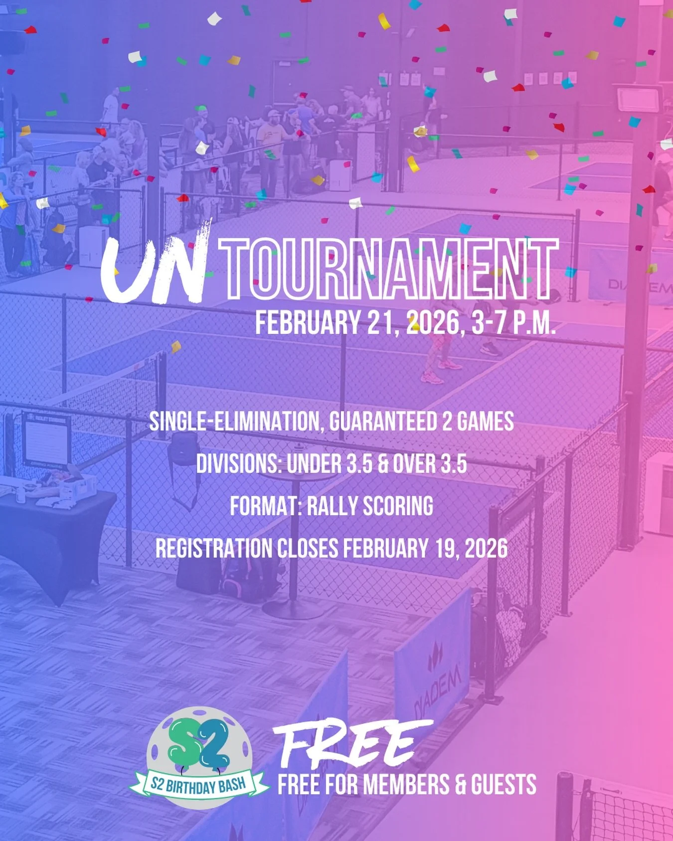 Back by popular demand! The Un-tournament! All fun, no pressure! ( and no DUPR reporting) this is a great way to get a feel for tournament play! Free for members and guests! 

Register by division:

&bull; Under 3.5: https://book.s2pickleball.com/pro