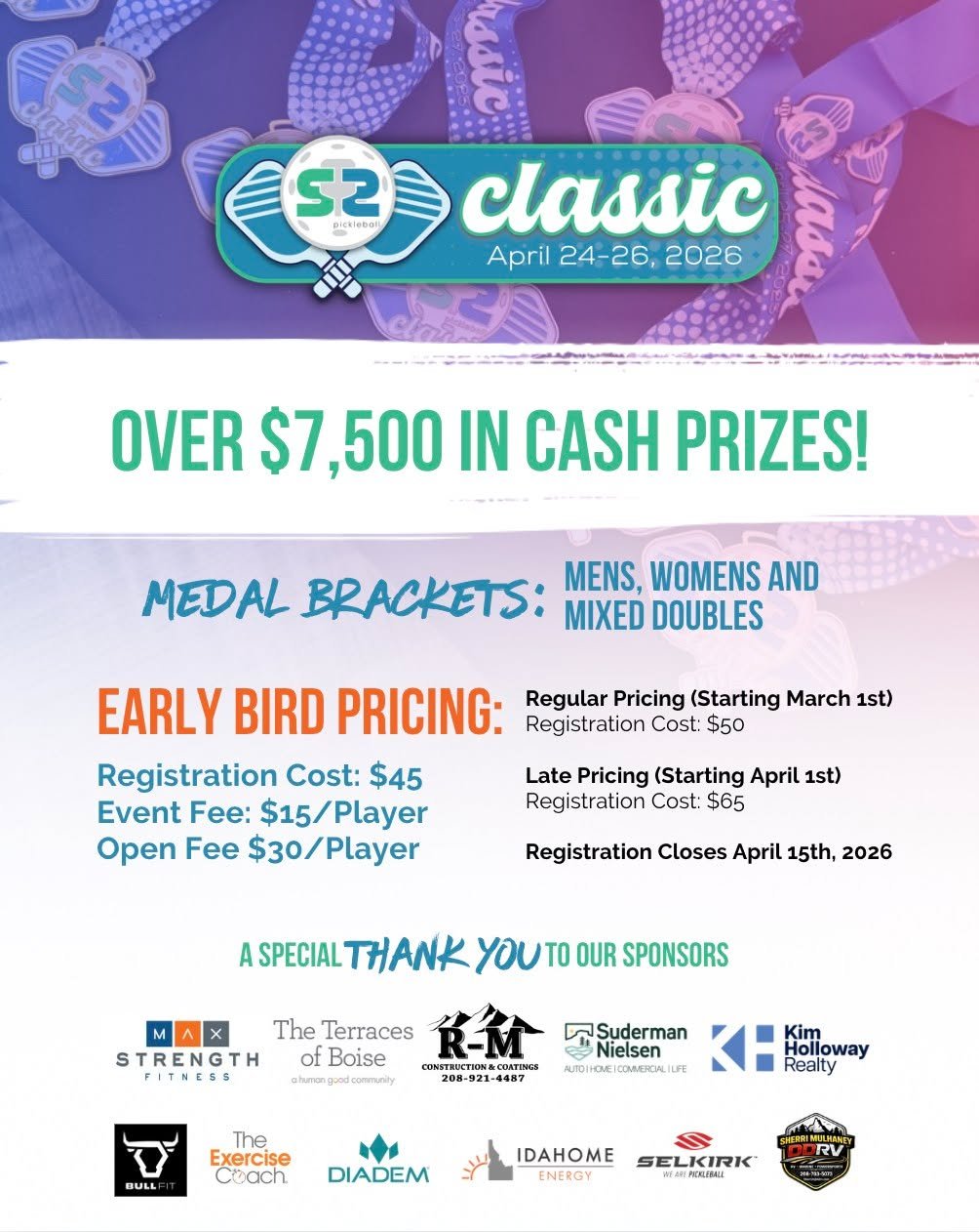 🔥 THE S2 CLASSIC IS BACK 🔥

Registration is officially LIVE for the Second Annual S2 Pickleball Classic &mdash; and this year the stakes are even higher.

💰 Over $7,500 in prize money
🏆 Medals for the top 3 teams
📅 April 24&ndash;26, 2026

Three