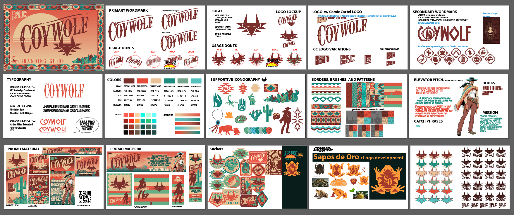 This is my branding guide for the hot new comic series "Coywolf".  This helps me efficiently create assets and materials for the promotion of the story and building of a brand.  It includes word marks, logos, iconography, colors, typography, patterns