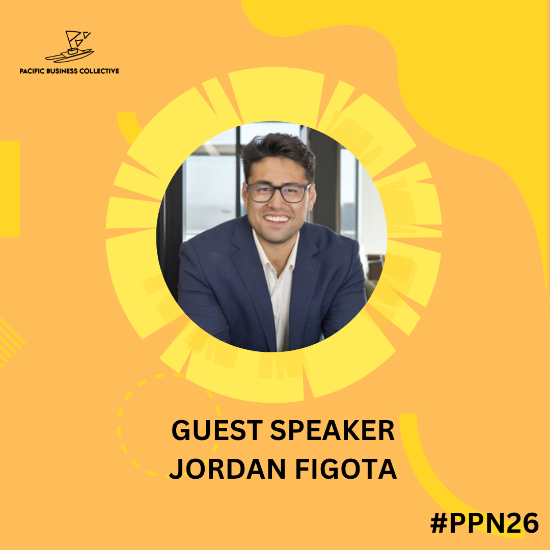 A promotional graphic featuring a smiling man in a blue blazer and glasses, identified as guest speaker Jordan Figota, with the logo of Pacific Business Collective and the hashtag #PPN26 on an orange background with yellow design elements.