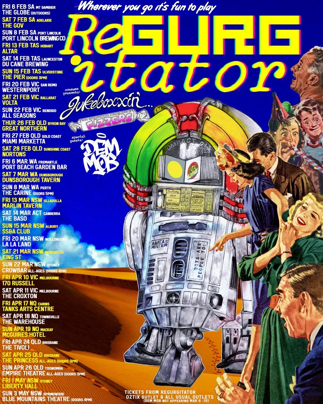 JUST ANNOUNCED: REGURGITATOR ARE BACK. 
After 32+ years of sui generis jukebottin', the legends are extending their singles tour deep into 2026.
This is the nostalgia machine cranked to full power. Blister-packing energy. Single after single after si