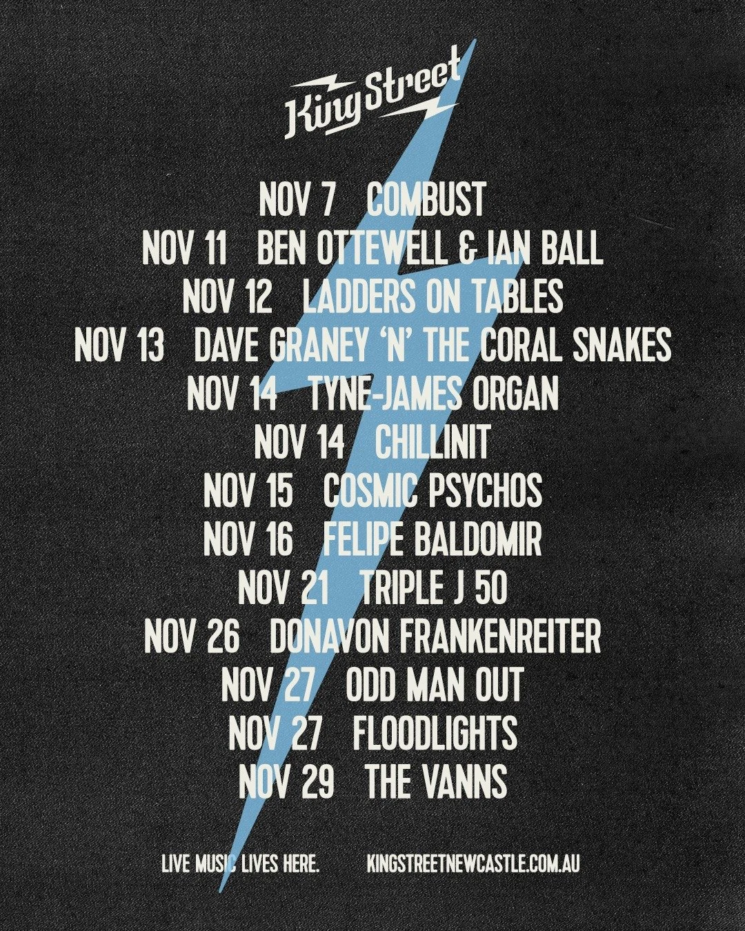 The November gig guide just dropped and it's absolutely stacked ⚡
13 shows. Every genre. Every vibe. There is something for everyone. 
Cosmic Psychos, Floodlights, Donavon Frankenreiter, The Vanns, Tyne-James Organ + so much more. Grab your crew, loc