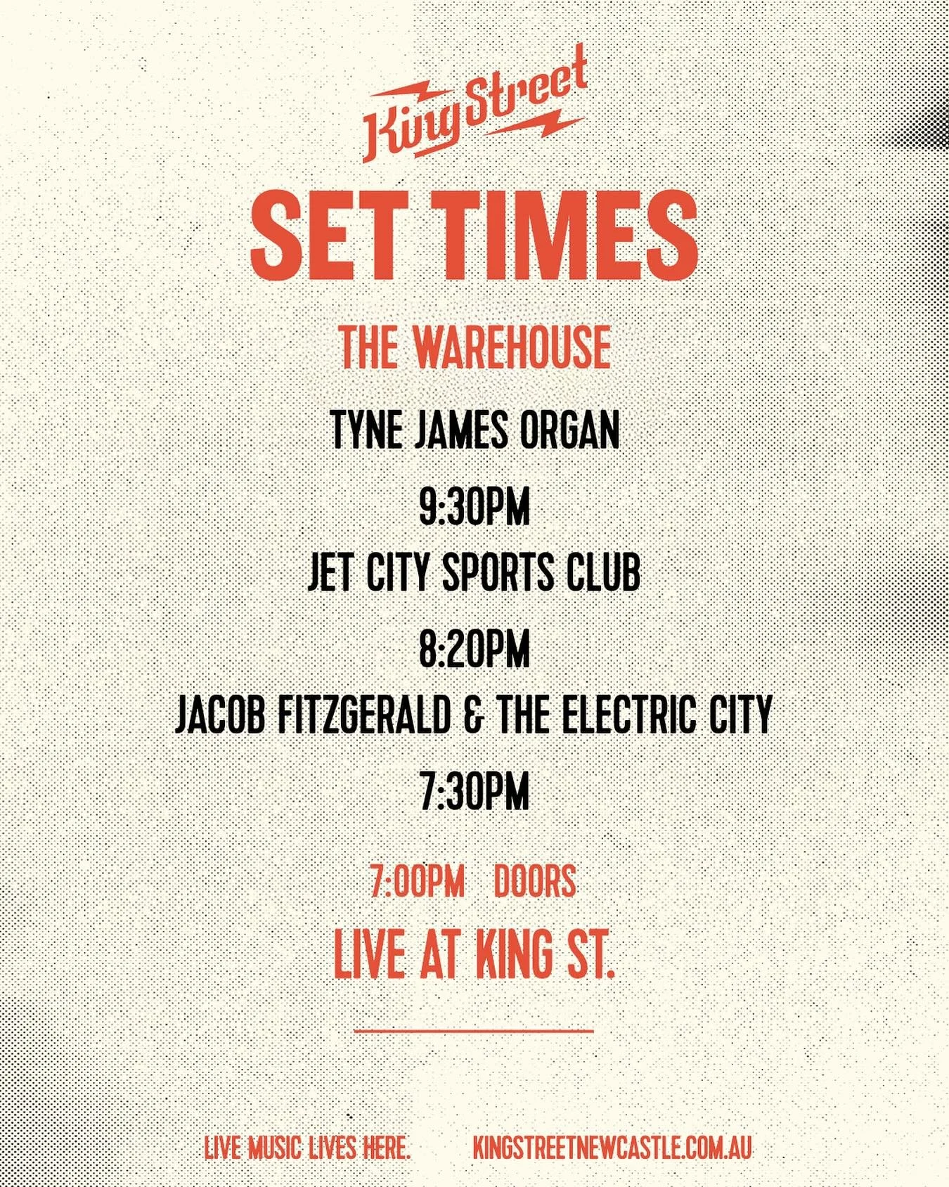 Set times for @tynejamesorgan in the Warehouse on Friday. Tickets still available!