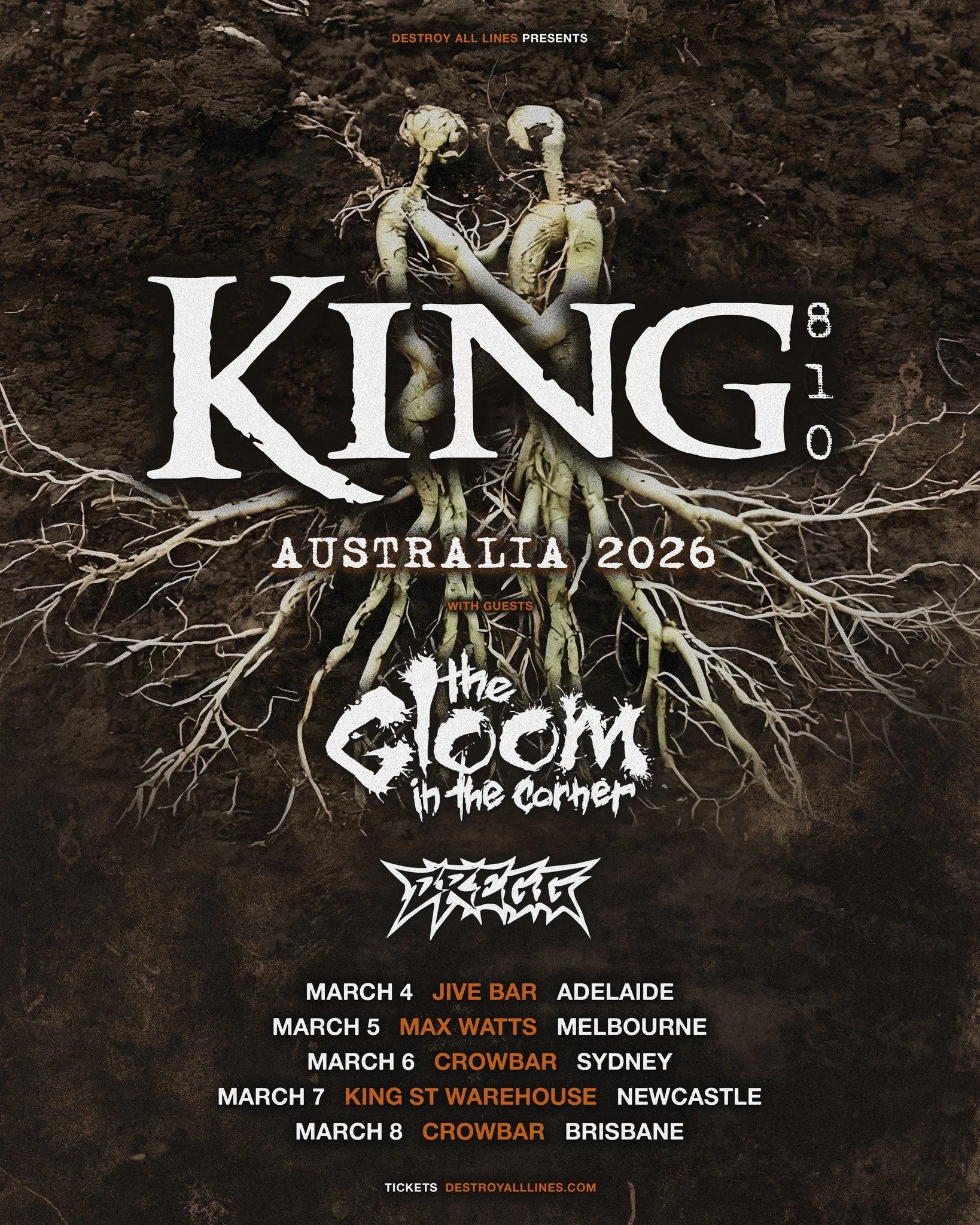 🚨JUST ANNOUNCED🚨KING 810&rsquo;s first headline run in Australia. March 2026, with The Gloom In The Corner and DREGG on support. 
Tickets on sale 10am Friday Nov 28. Don't miss it.