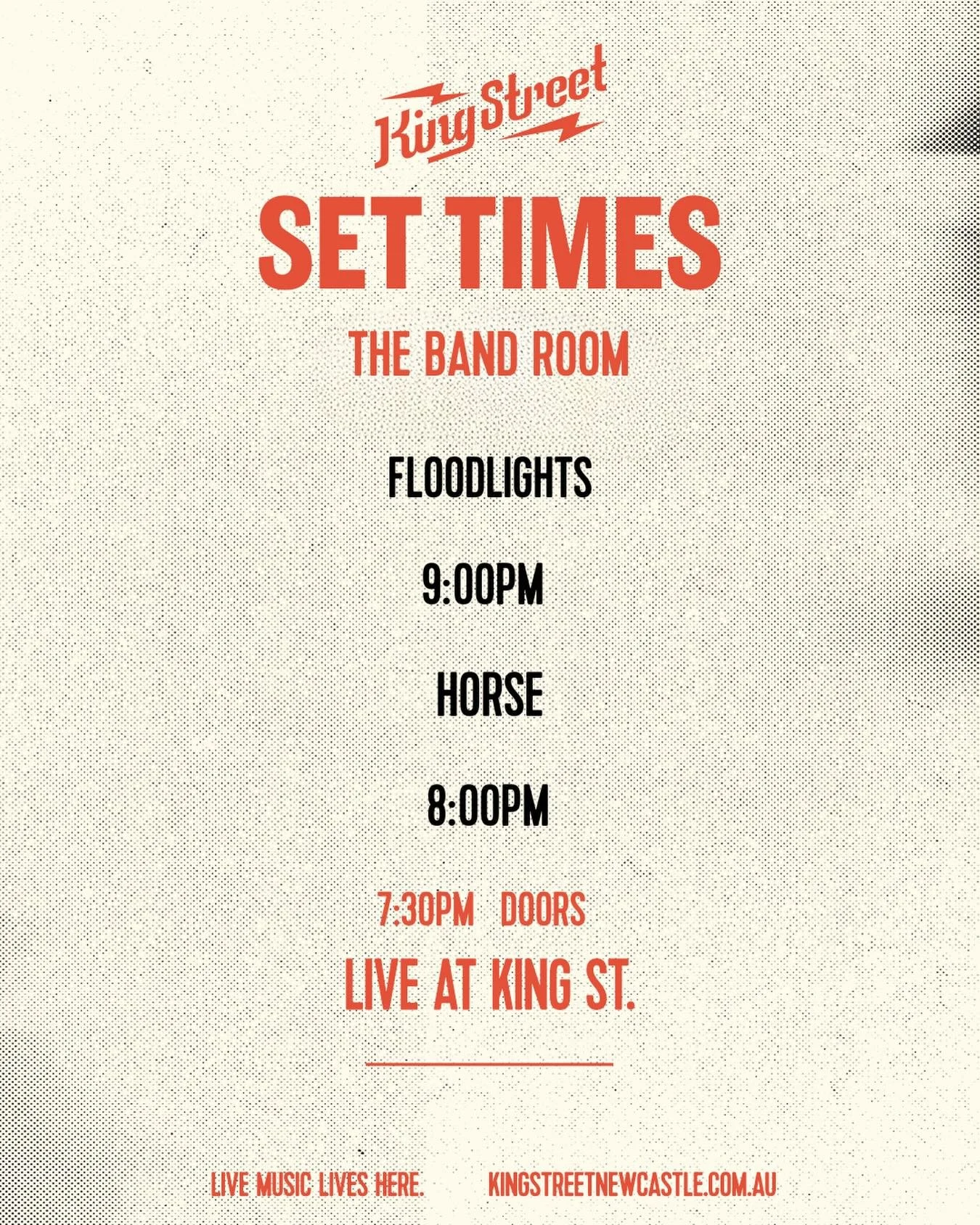 Set times for @floodlights___ in the Bandroom on Thursday. Tickets still available!