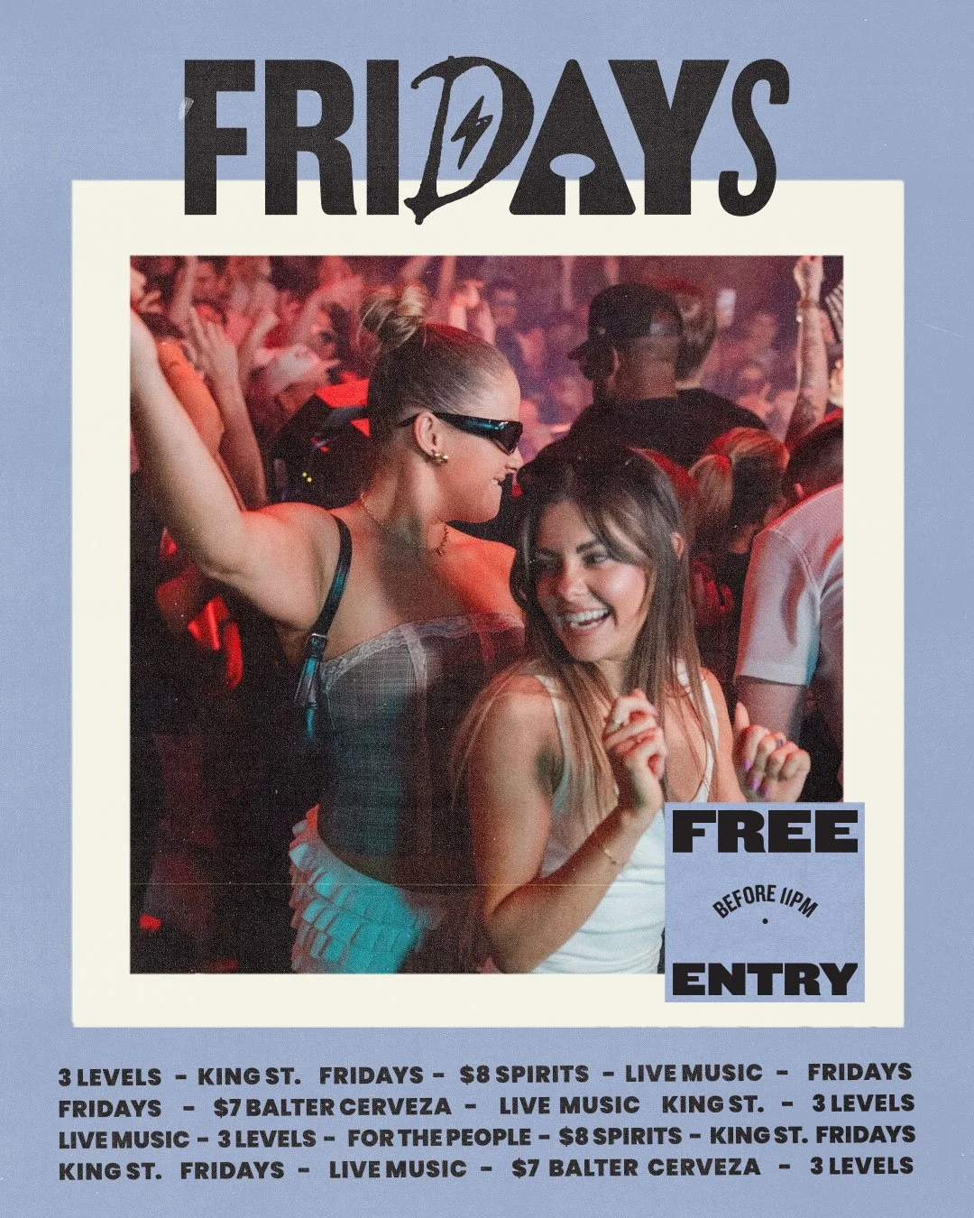 Fridays at King Street look like this ⚡️
Free entry before 11pm / $8 Spirits / $7 Beers. For the people across 3 levels. For those looking for a live music fix, we've got Carla Geneve in The Warehouse with a seperate ticketed show.