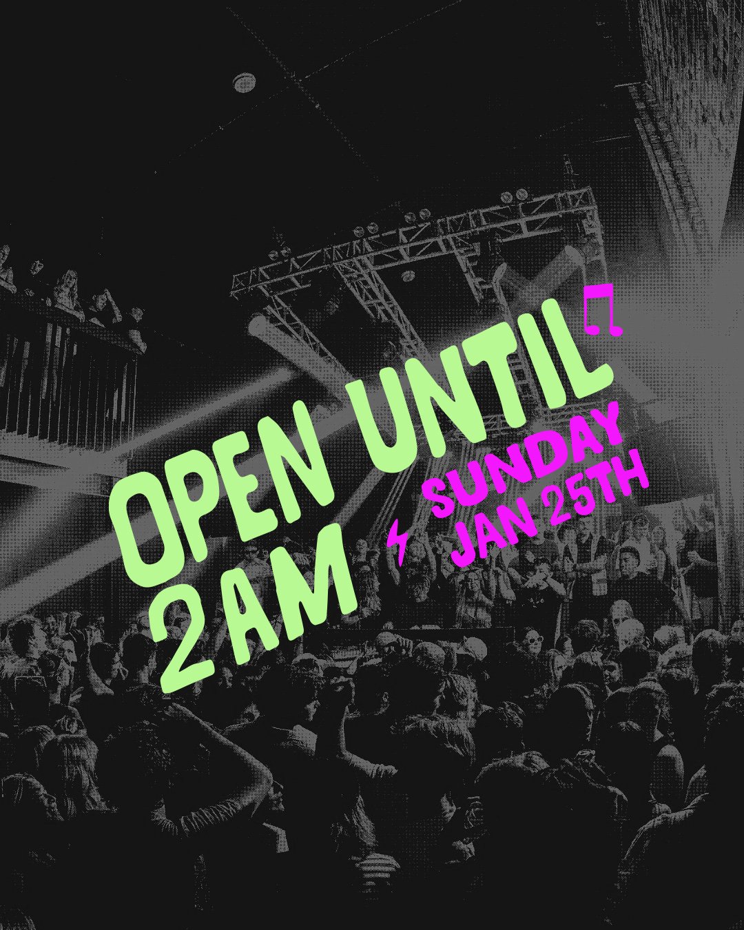 Let whoever needs to know now that you'll be home late.

Open until 2am tonight with a full venue party featuring the official Made on Sunday After-Party and a whole lot more for an AGS Long Weekend Special.