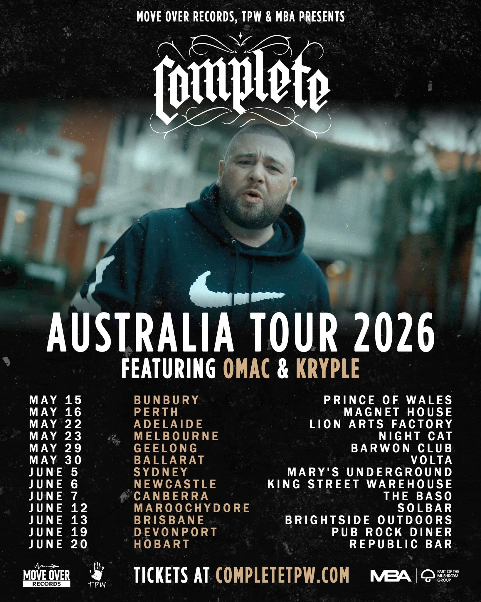 JUST ANNOUNCED 🚨Perth rapper COMPLETE is hitting the road for his first national tour in over a year, and he's bringing it to King Street. Expect classics like "Jordan," "Roses," and "Blood Stained Nikes" alongside new 