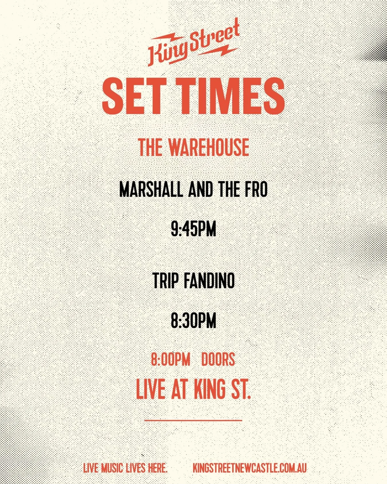 Set times for @marshallandthefro in the warehouse on Friday. Tickets still available!